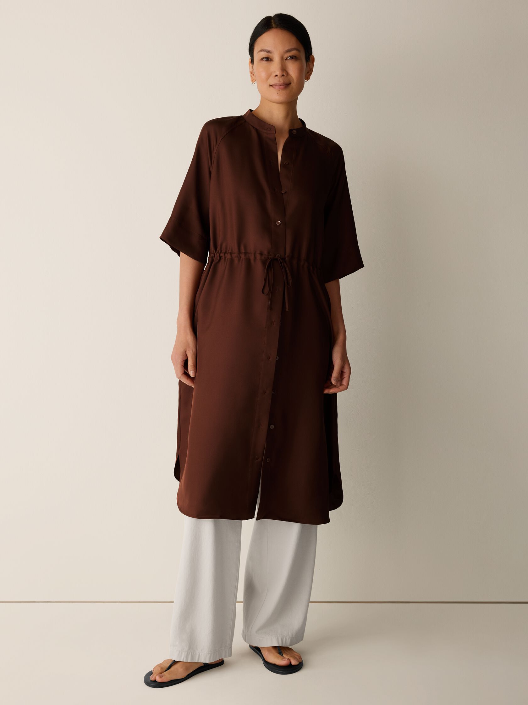 Silk Twill Band Collar Shirtdress