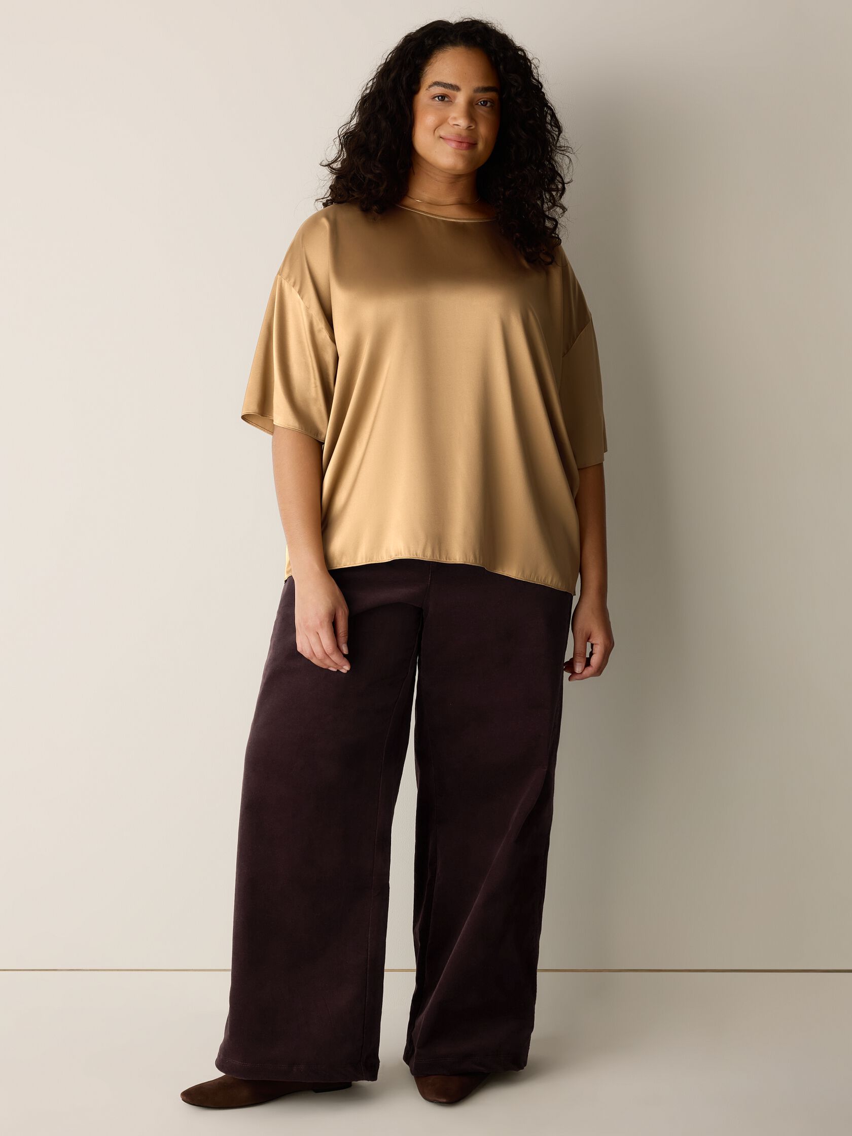Stretch Silk Charmeuse Round Neck Top