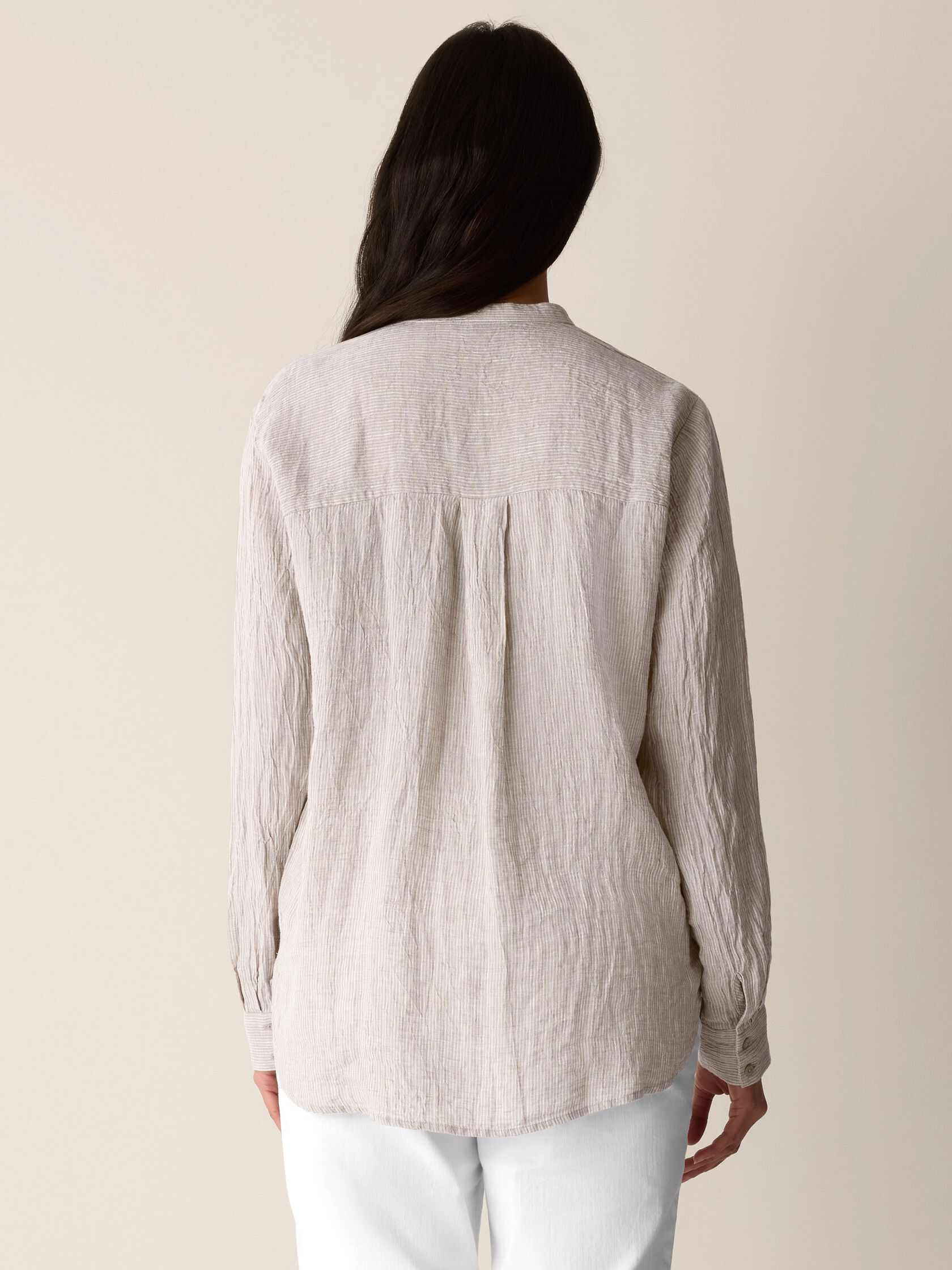 Puckered Organic Linen Stripe Band Collar Shirt