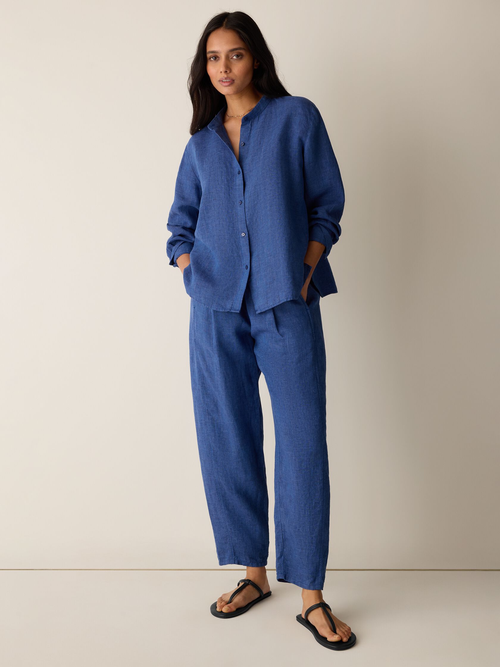 Washed Organic Linen D&eacute;lav&eacute; Band Collar Shirt