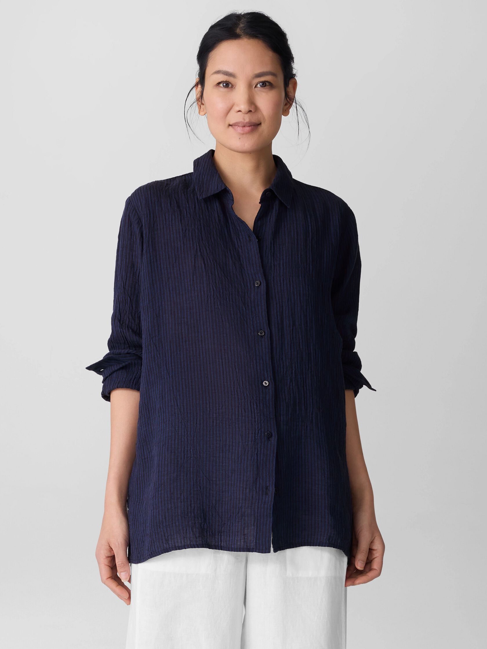 Puckered Organic Linen Stripe Classic Collar Shirt