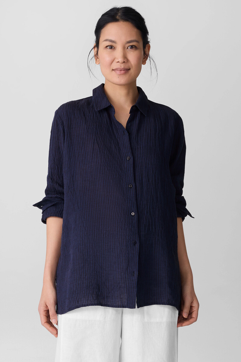 Puckered Organic Linen Stripe Classic Collar Shirt Puckered Organic Linen Stripe Classic Collar Shirt