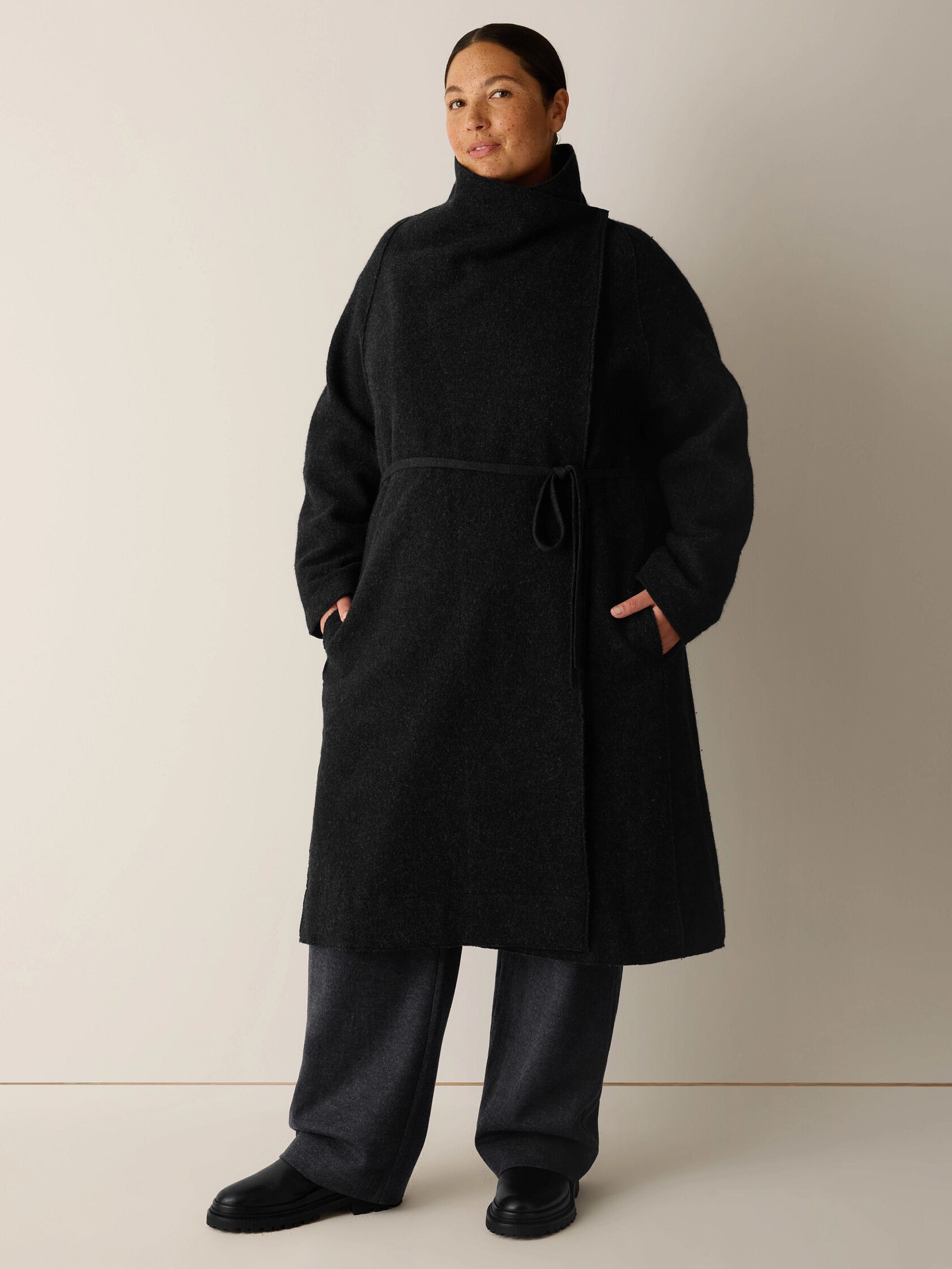 Lightweight Boiled Wool Drape Neck Coat in Regenerative Wool