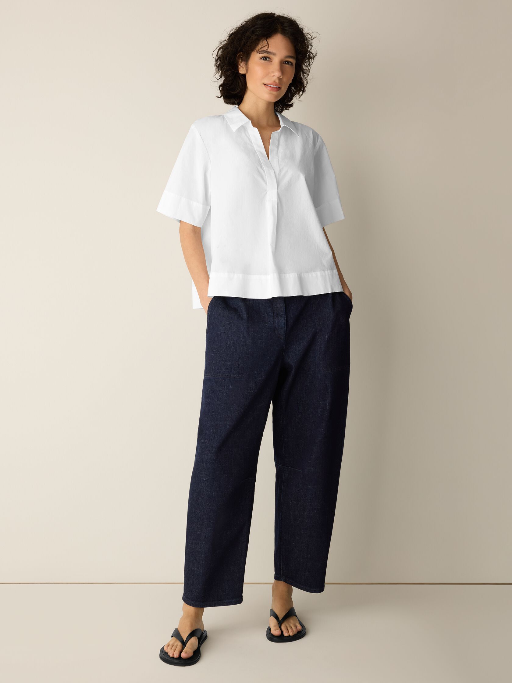 Organic Cotton Poplin Split Neck Top
