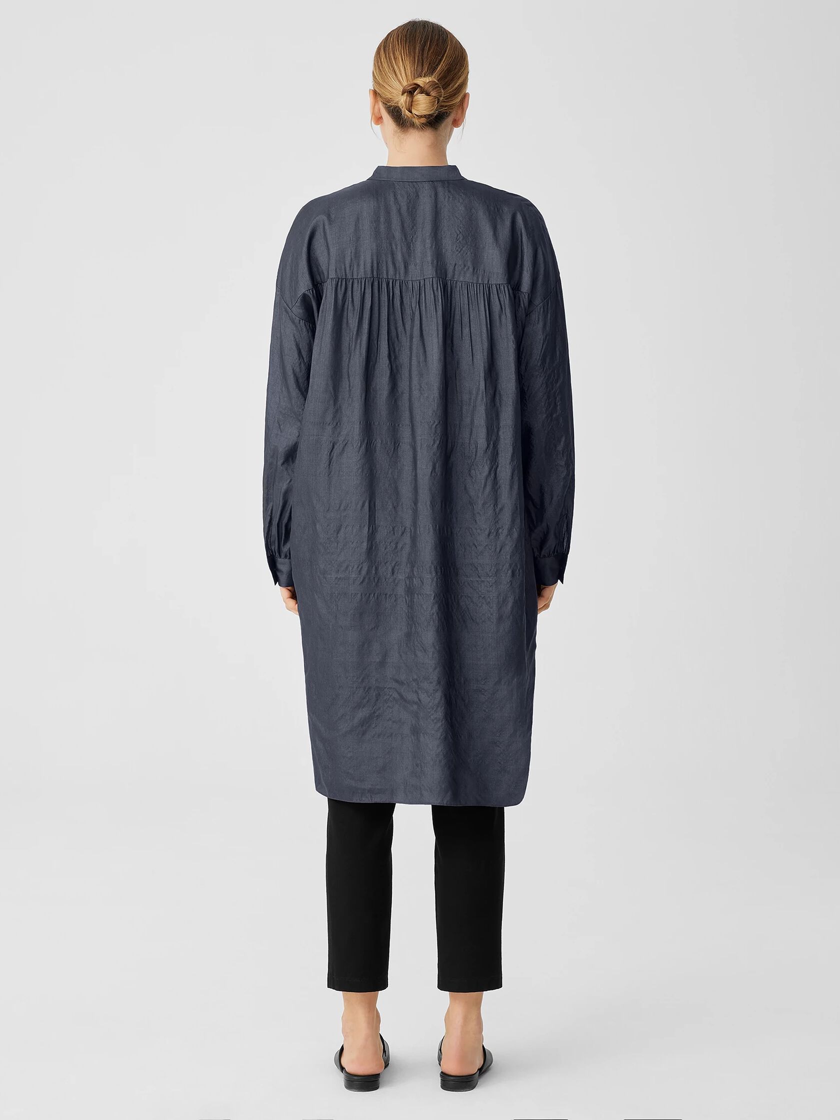 Washed Silk Tussah Mandarin Collar Shirtdress