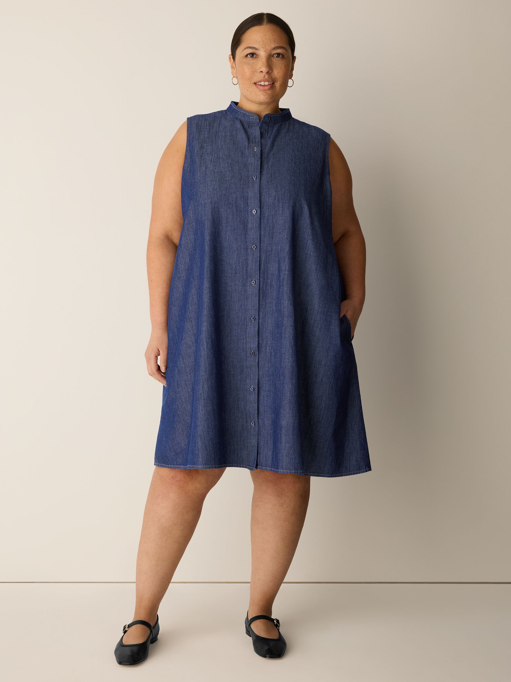 Lightweight Organic Cotton Denim Band Collar Dress