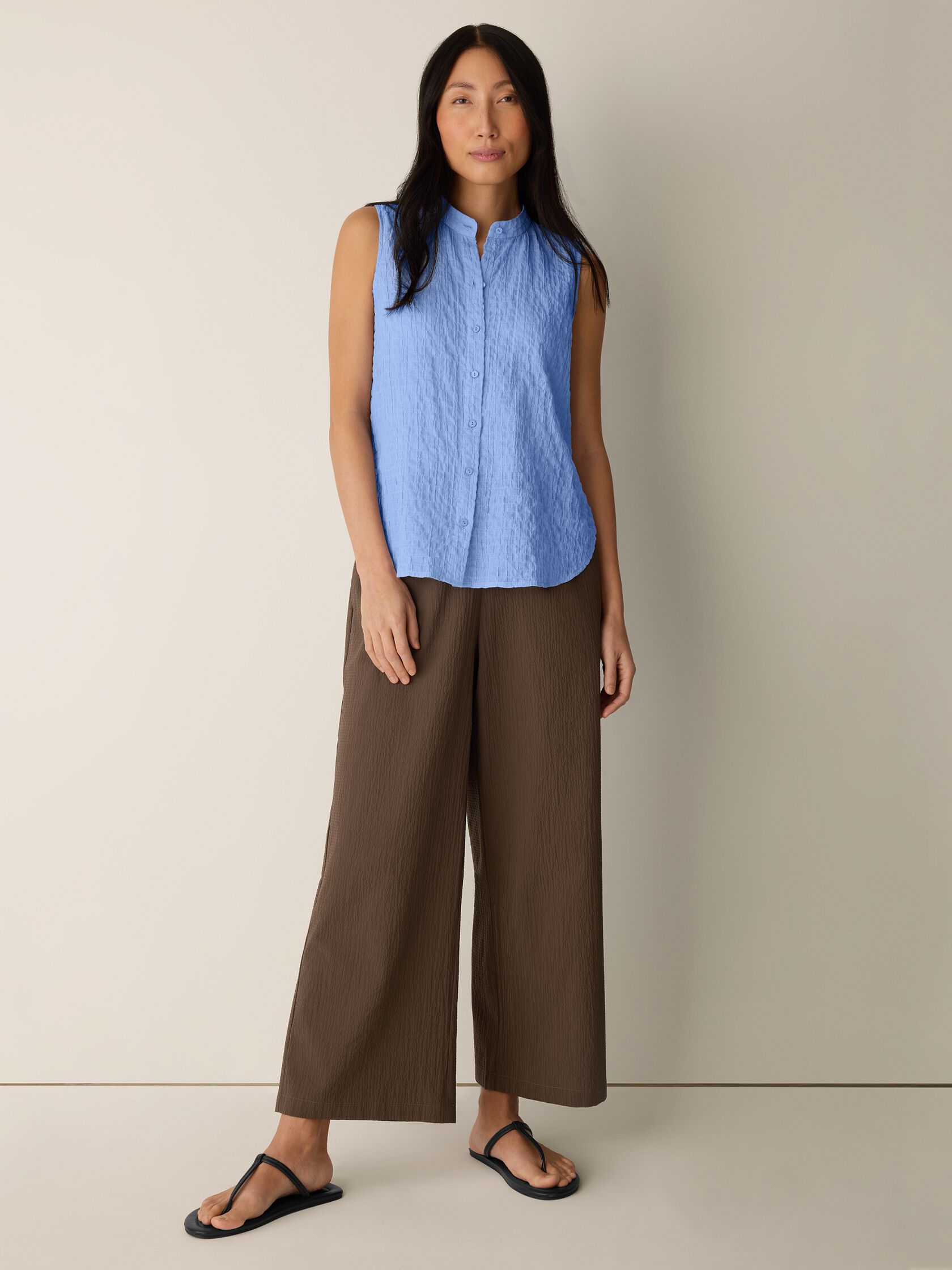 Organic Cotton Microstripe Pucker Sleeveless Shirt