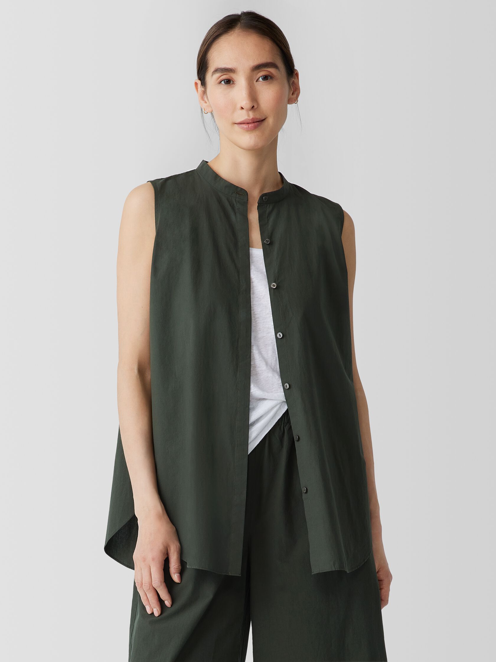 Washed Organic Cotton Poplin Band Collar Shirt