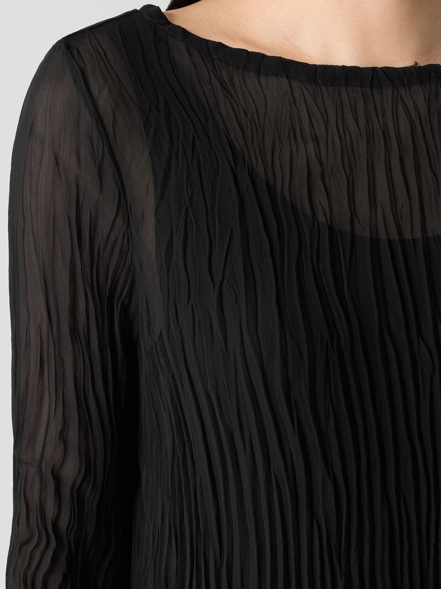 Crinkled Sheer Silk Georgette Bateau Neck Long Top