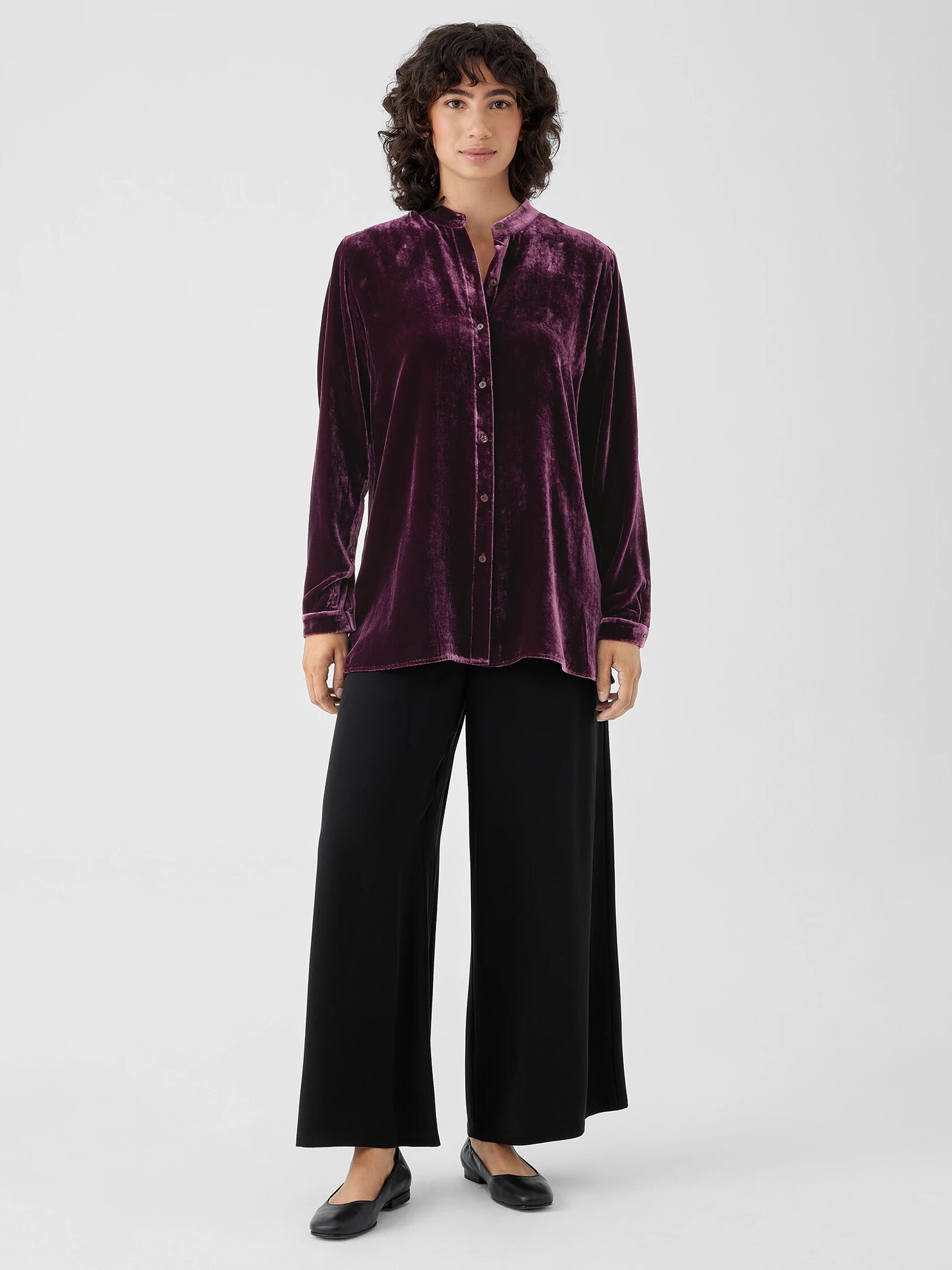 Velvet Band Collar Long Shirt