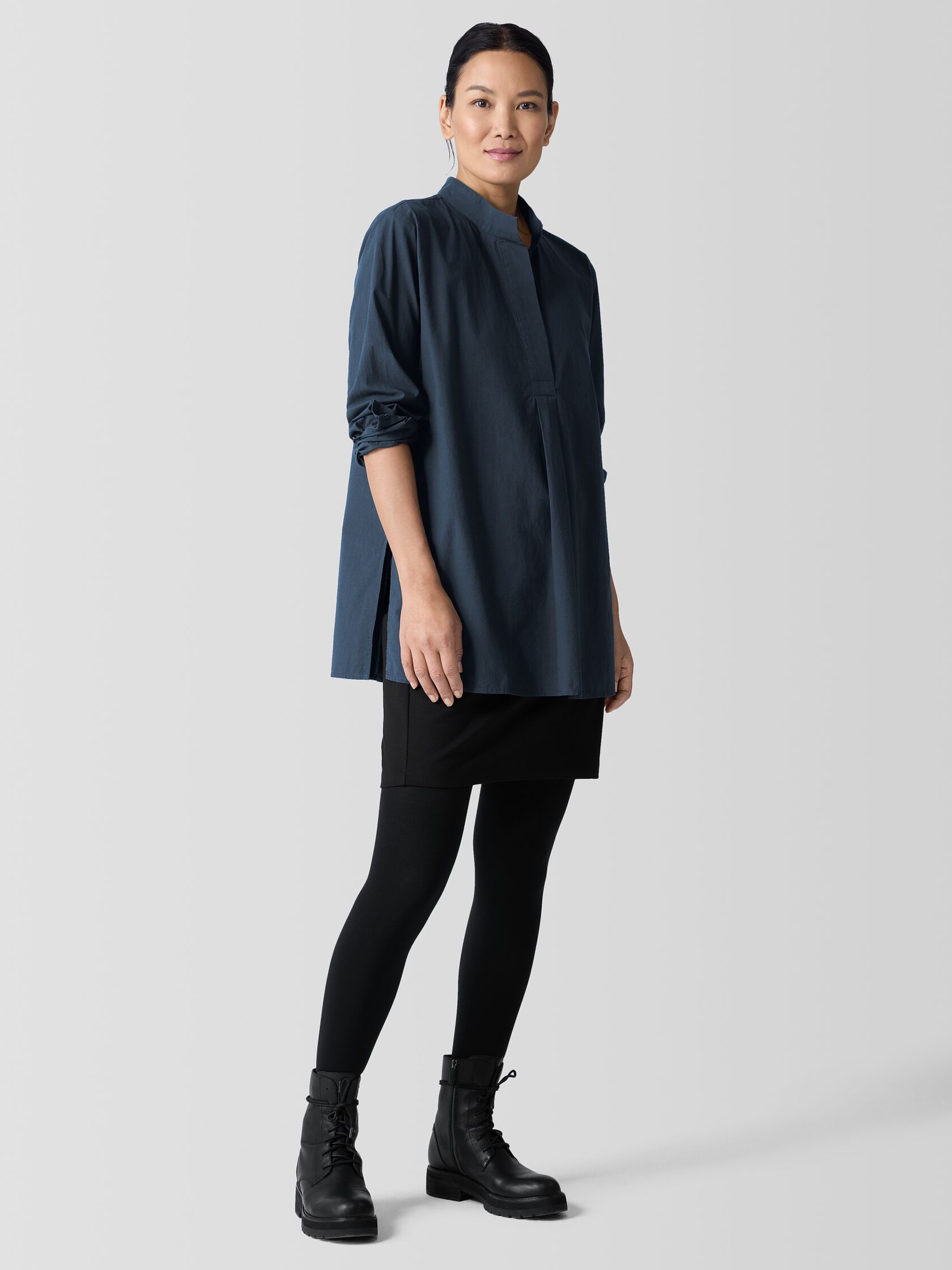 Washed Organic Cotton Poplin Stand Collar Top