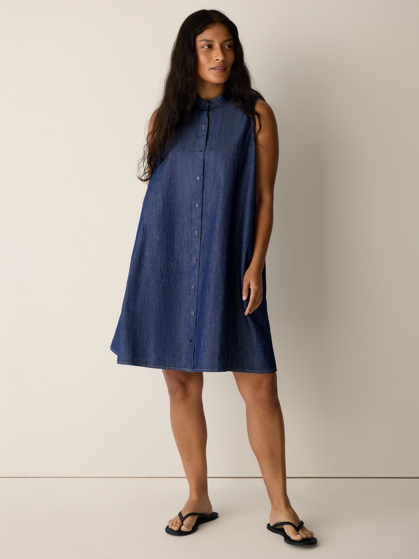 Lightweight Organic Cotton Denim Band Collar Dress