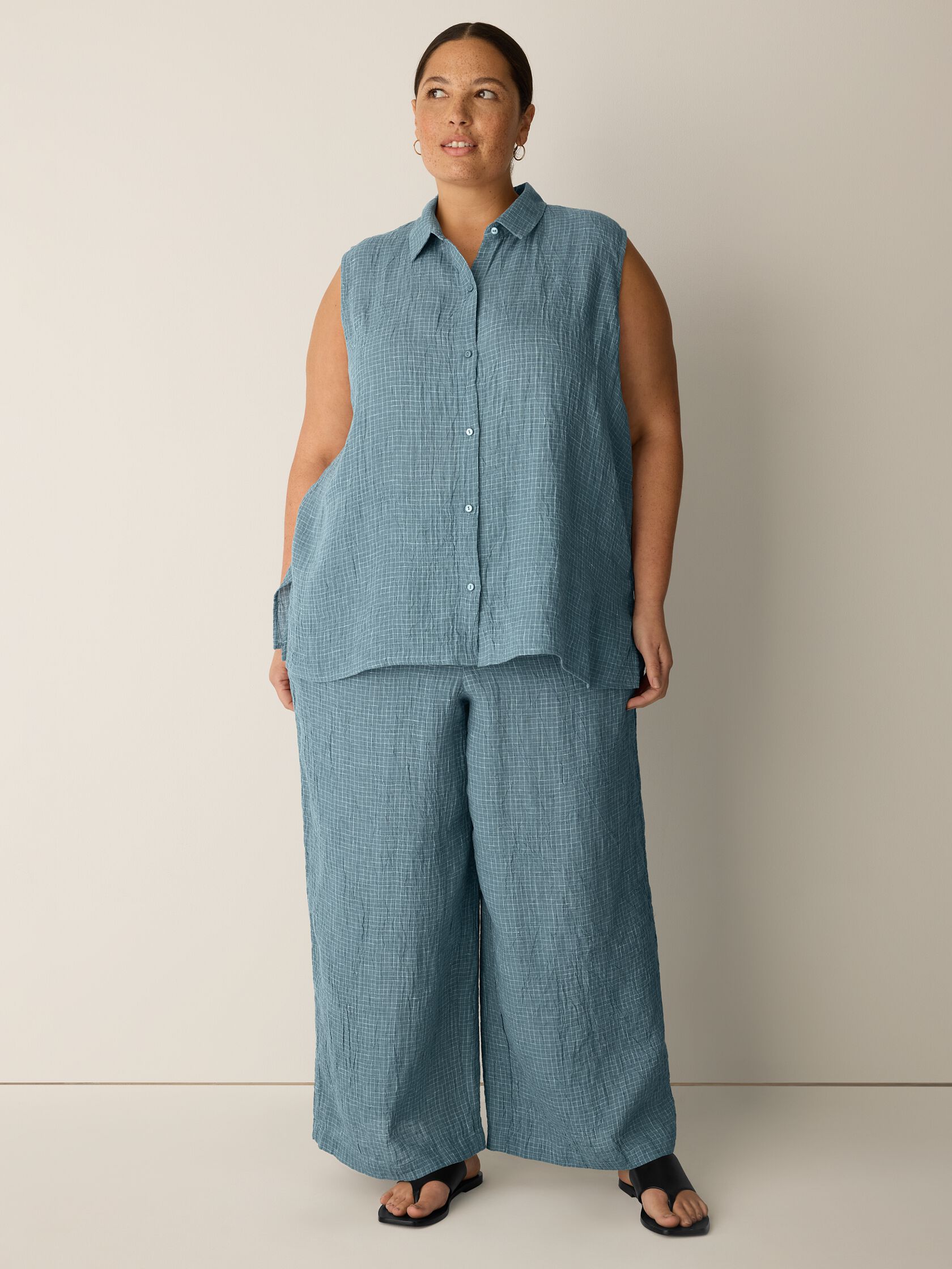 Puckered Organic Linen Grid Wide-Leg Pant