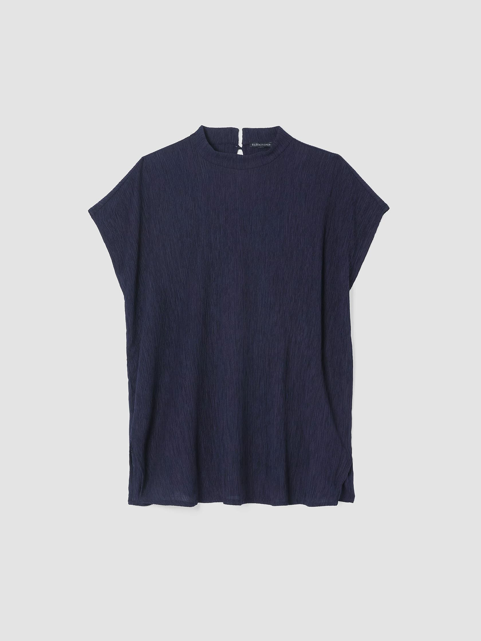 Woven Plissé Mock Neck Top