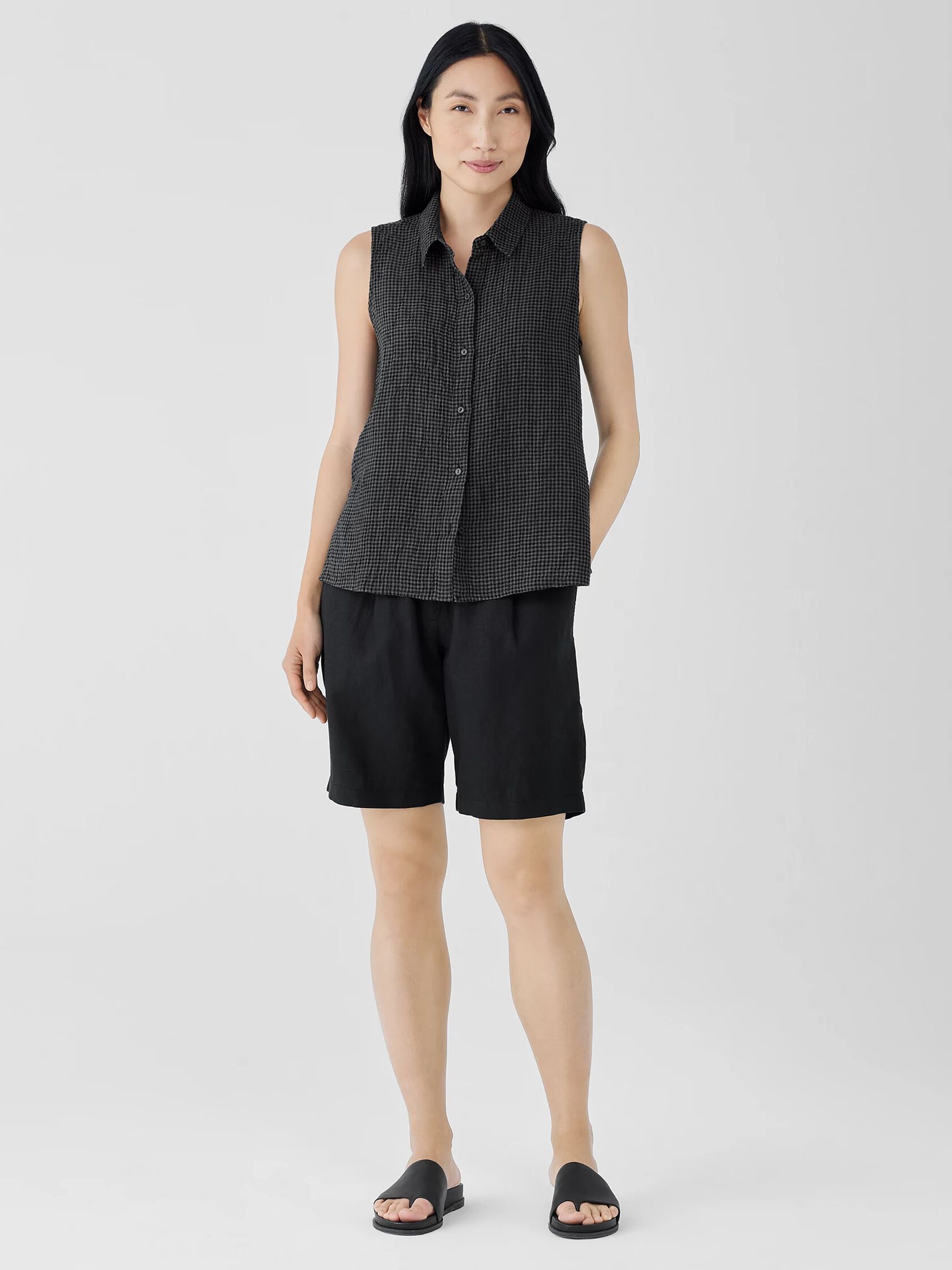 Puckered Organic Linen Sleeveless Shirt