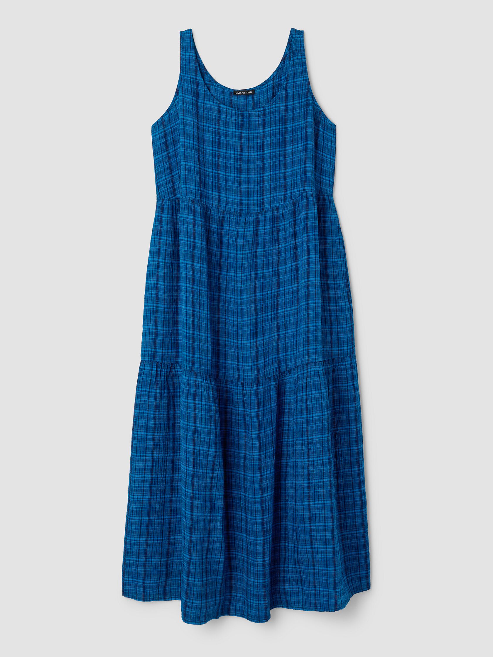 Puckered Organic Linen Plaid Tiered Dress