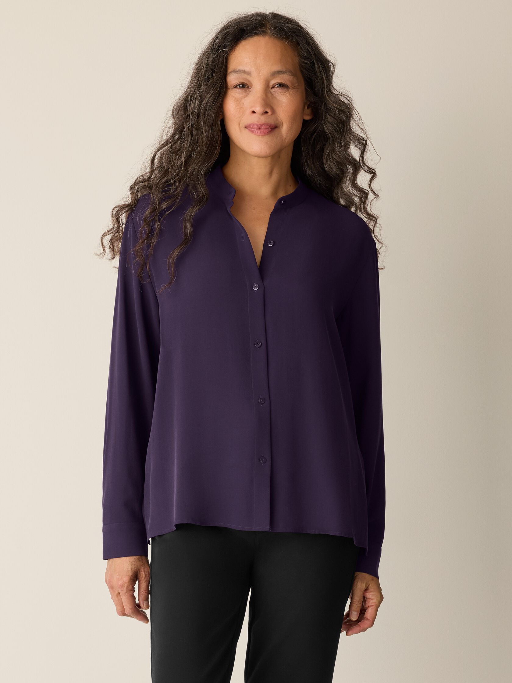 Silk Georgette Crepe Band Collar Top