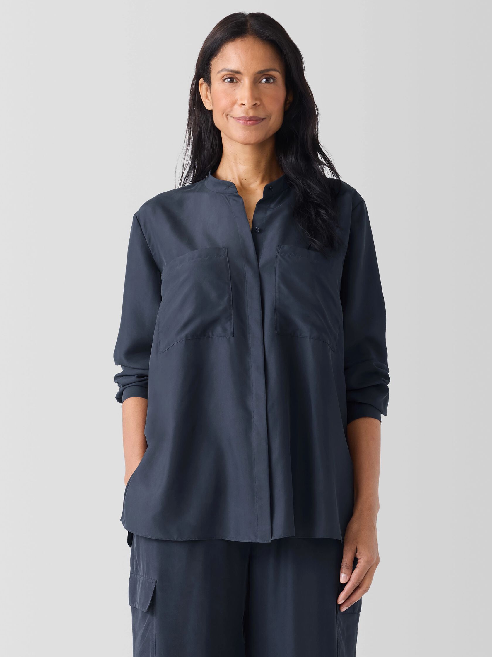Washed Silk Band Collar Shirt