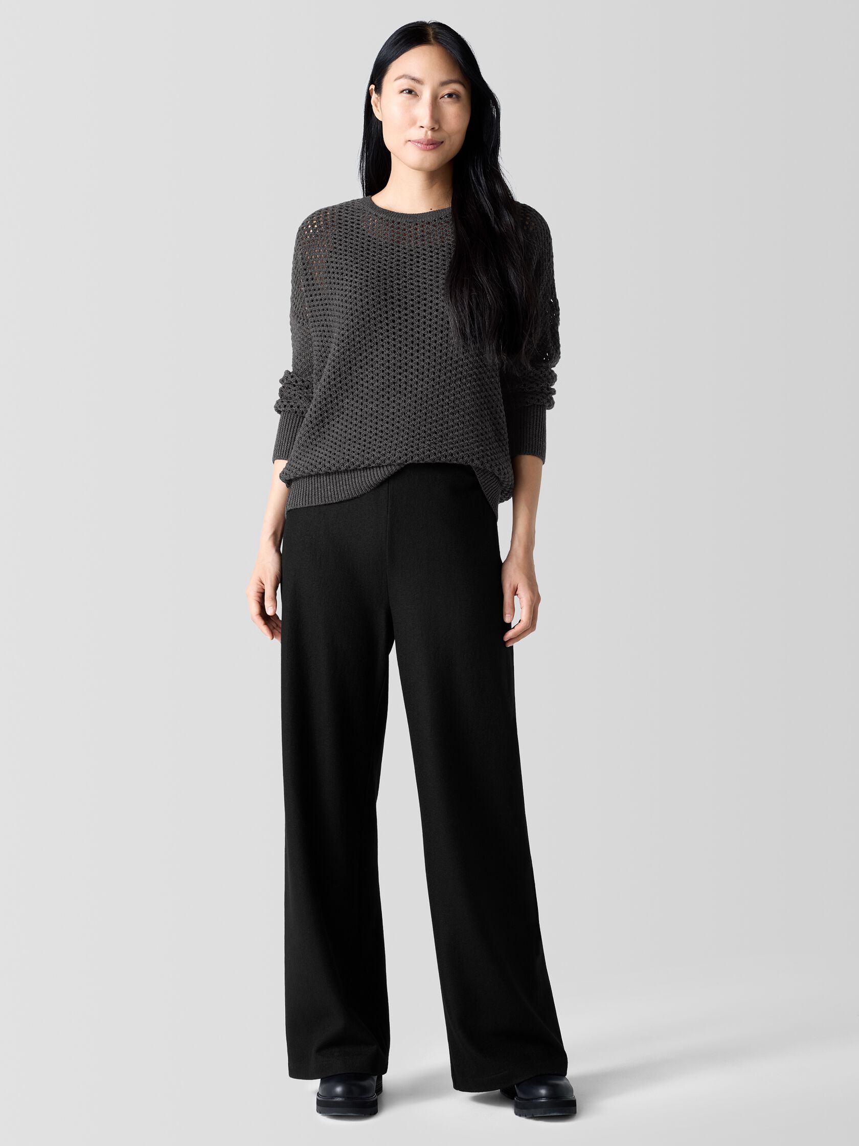Felted Wool Jersey Wide-Leg Long Pant in Regenerative Wool