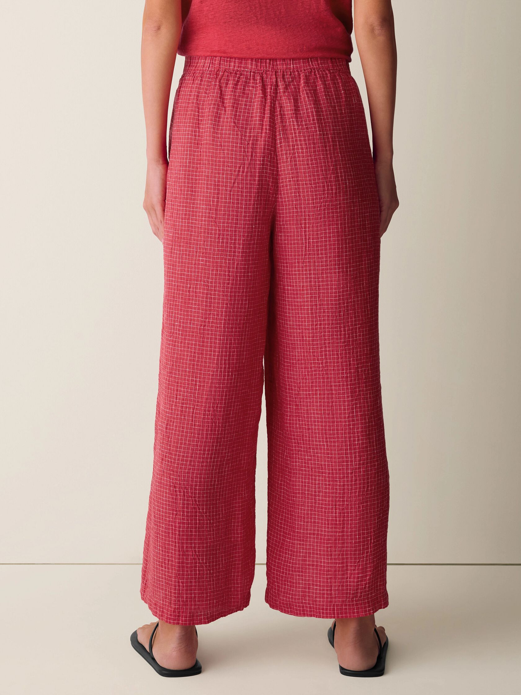 Puckered Organic Linen Grid Wide-Leg Pant