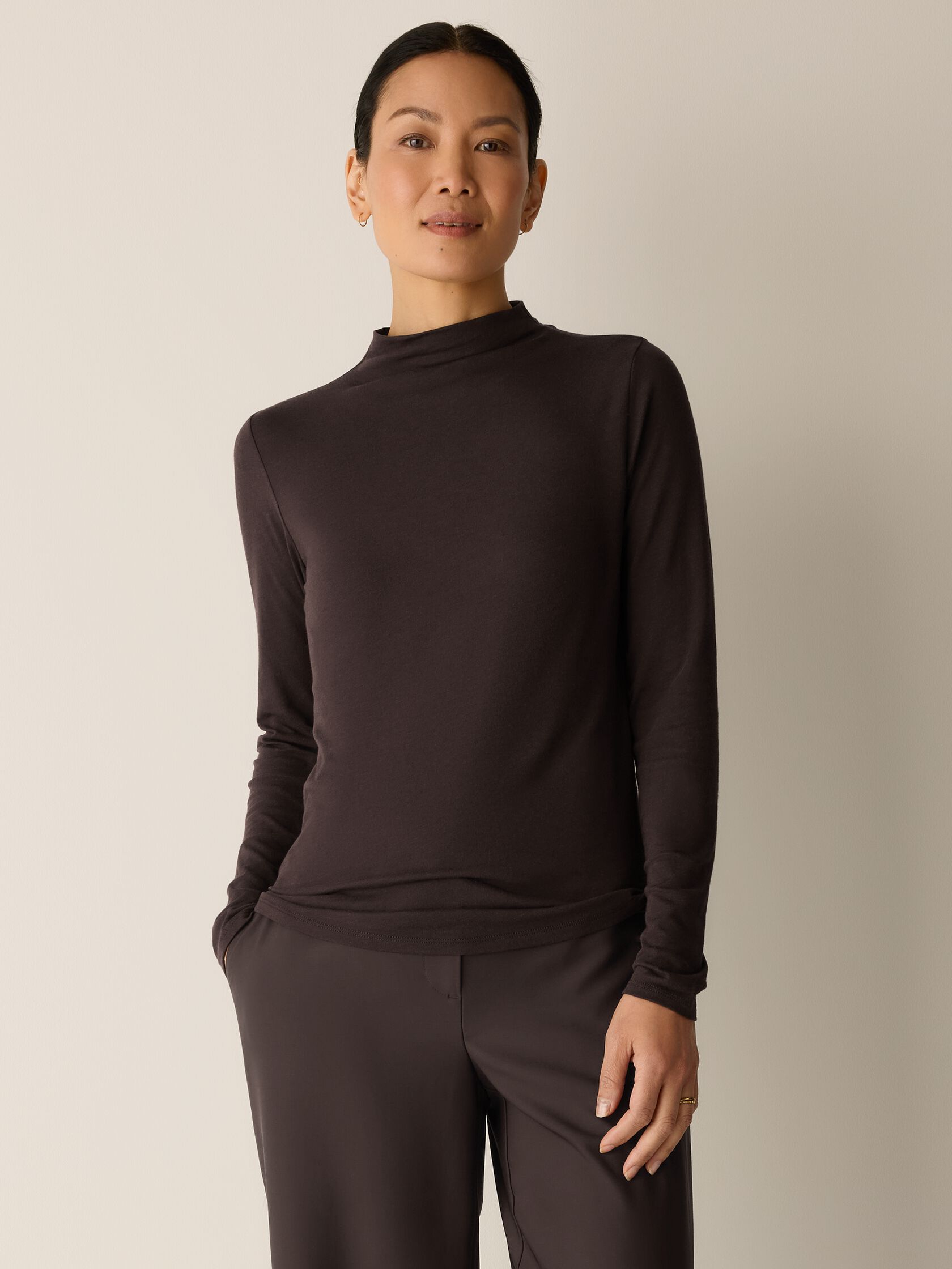 Sheer Cotton Blend Knit Funnel Neck Top
