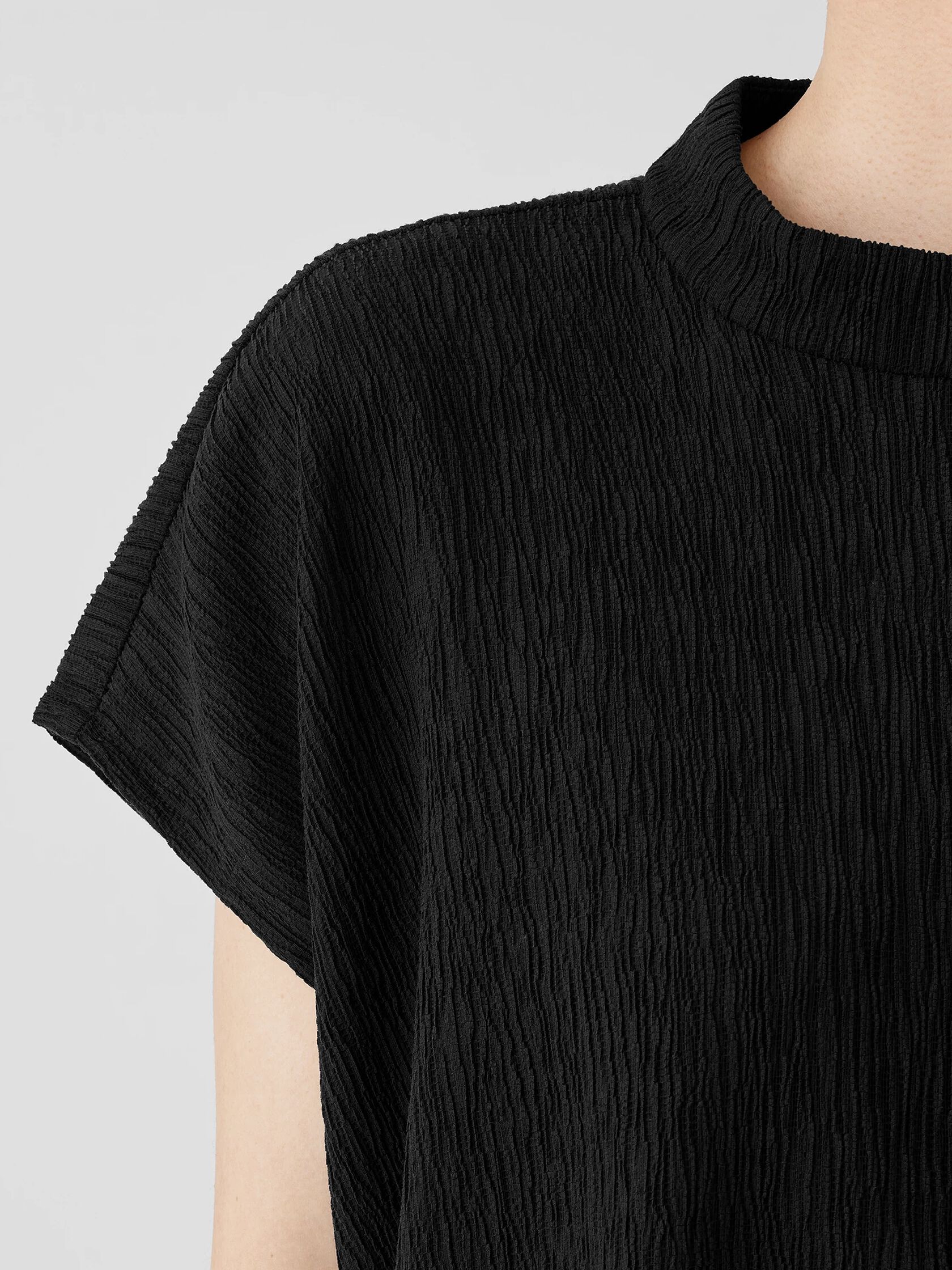 Woven Plissé Mock Neck Top