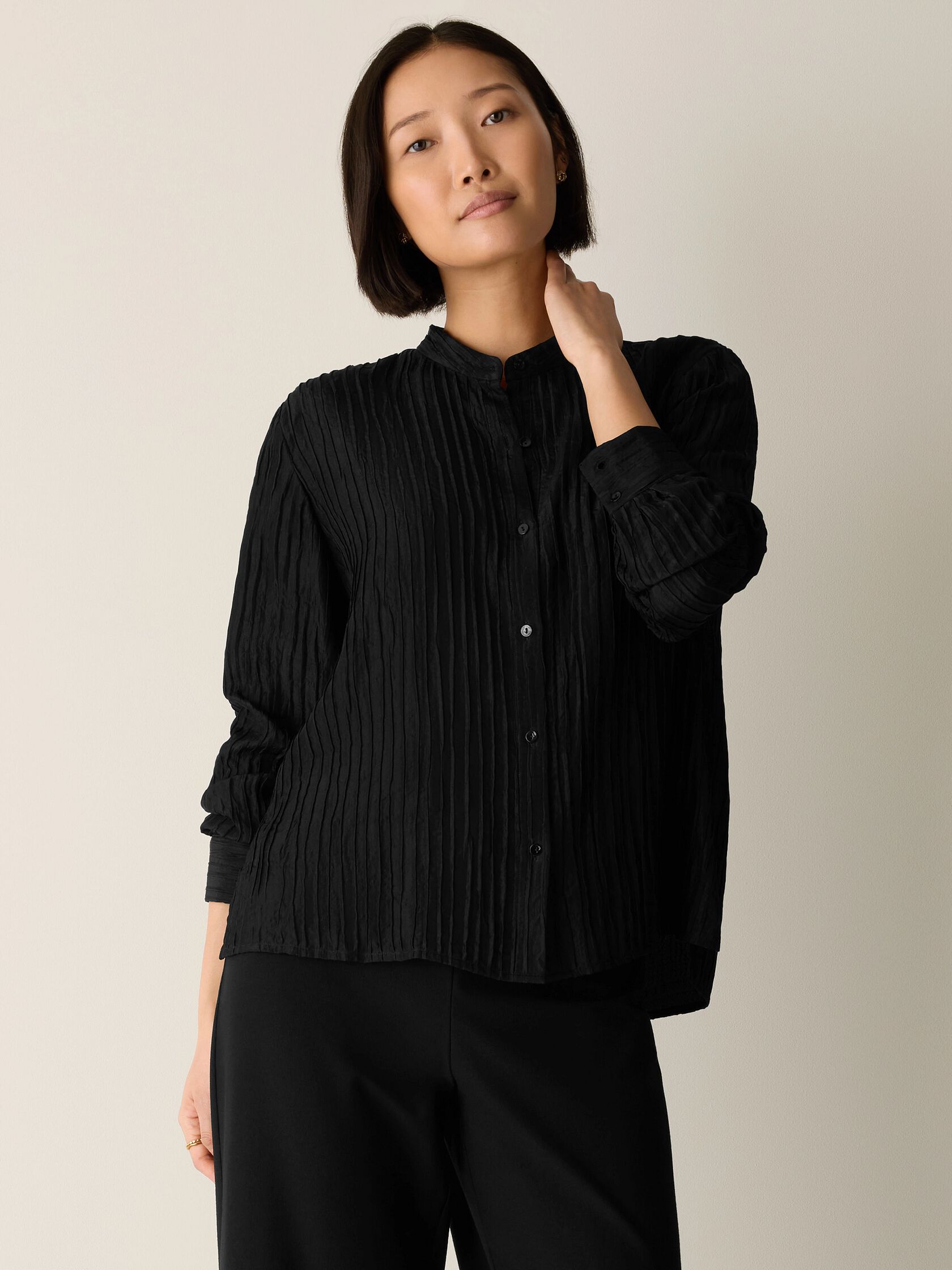 Textured Silk Jacquard Band Collar Shirt