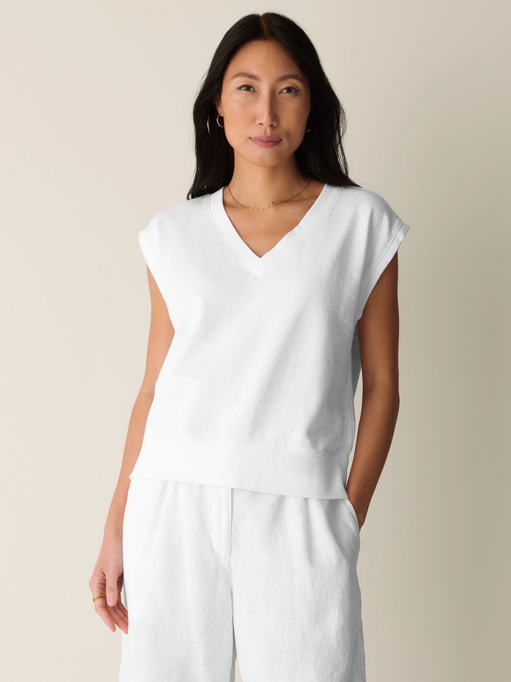 Garment-Dyed Organic Cotton Terry V-Neck Top