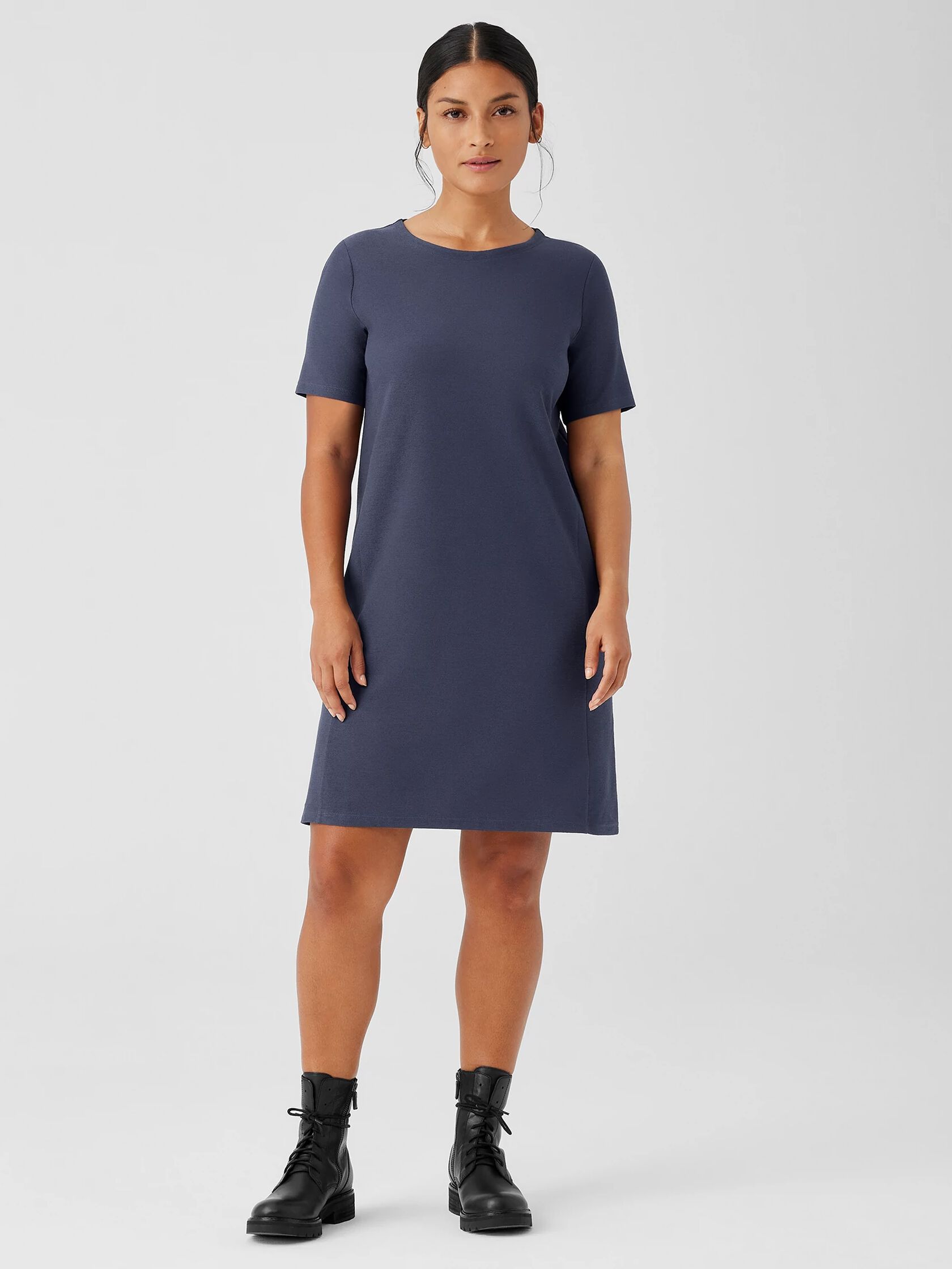 Washable Stretch Crepe Jewel Neck Dress