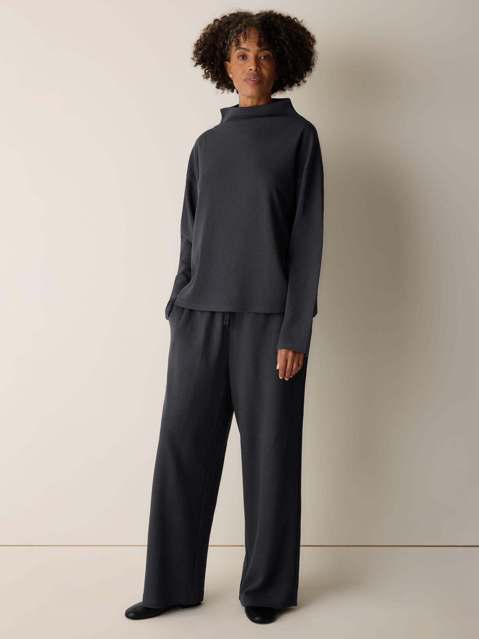 Waffle Cotton Blend Doubleknit Funnel Neck Box-Top