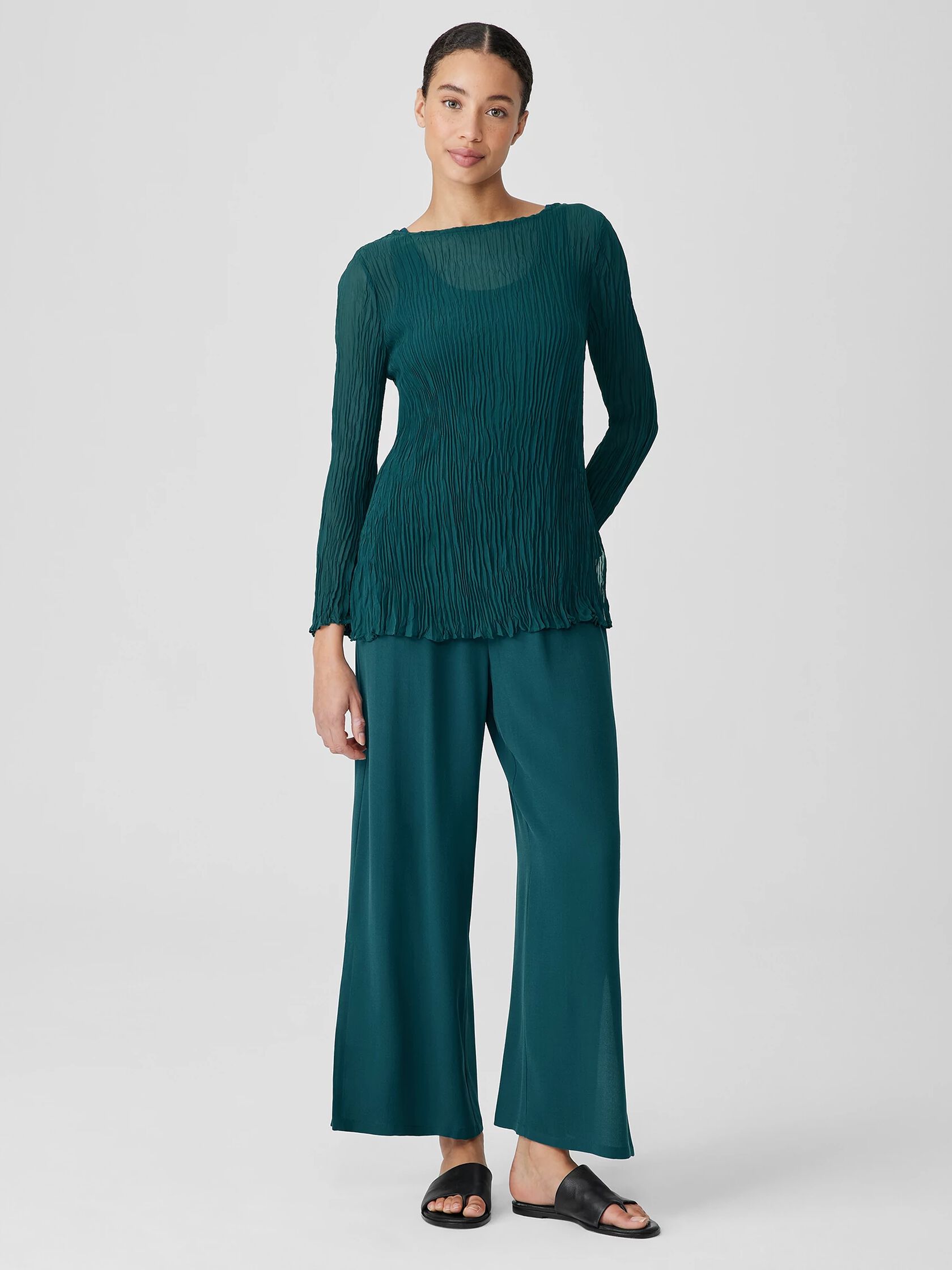 Crinkled Sheer Silk Georgette Bateau Neck Long Top