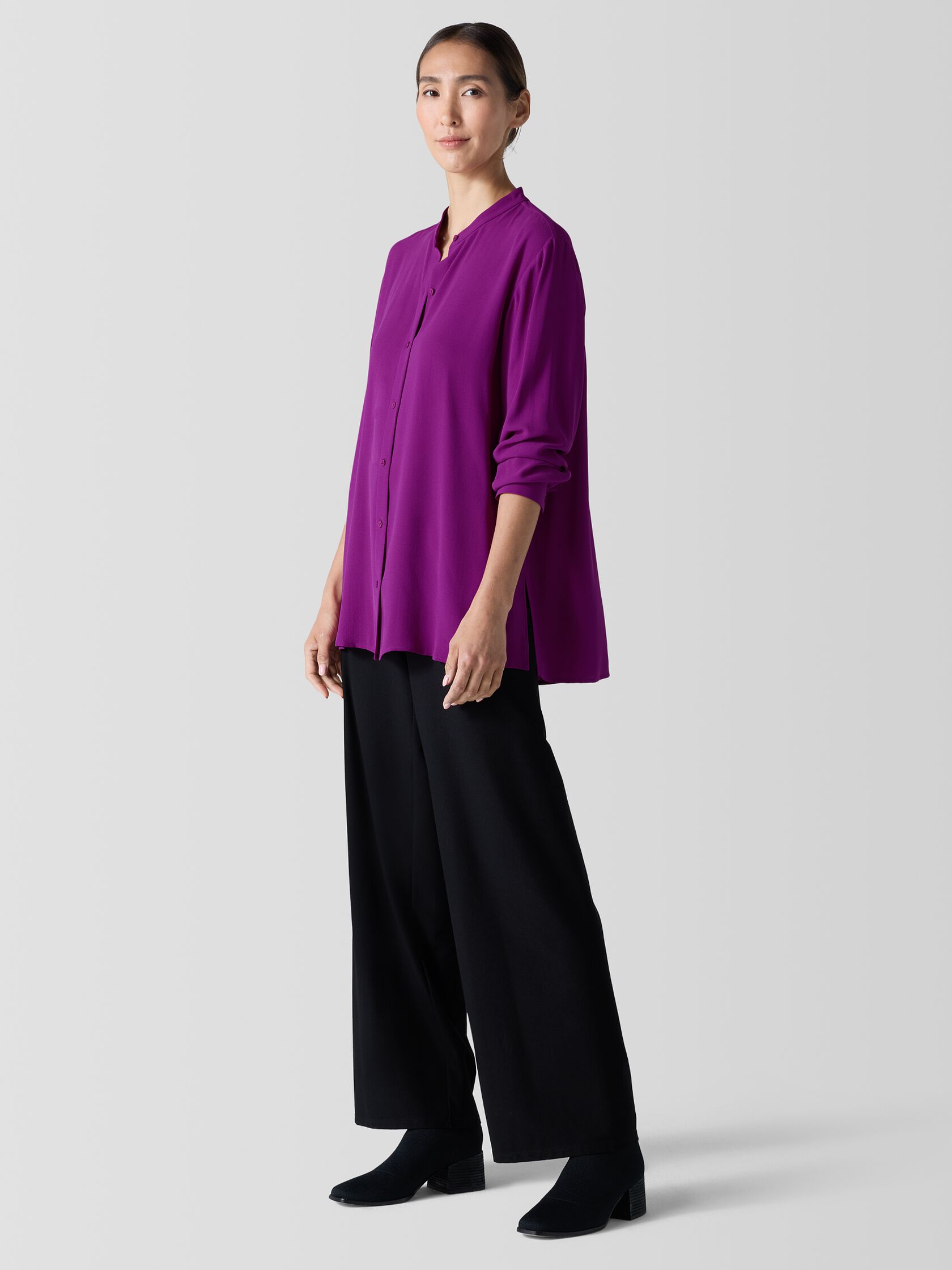 Silk Georgette Crepe Band Collar Shirt