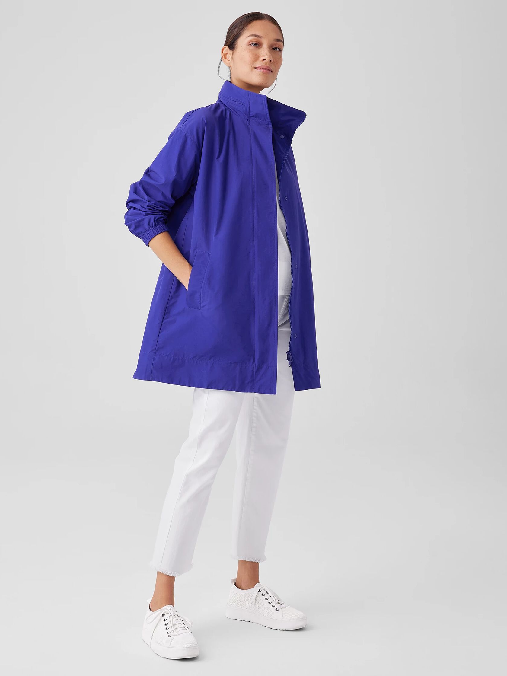 Light Cotton Nylon Stand Collar Long Coat