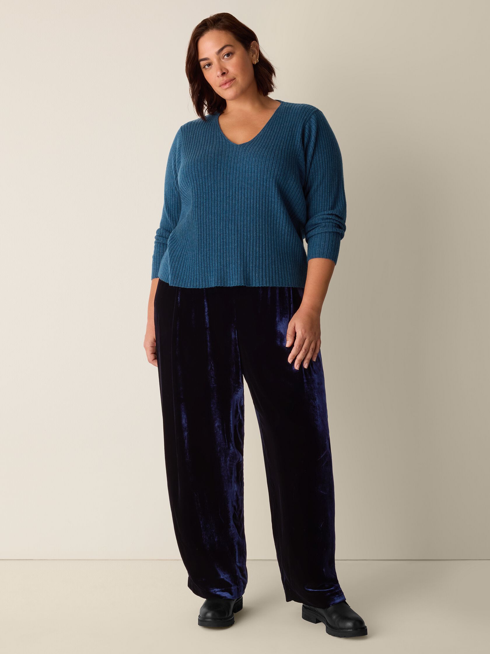 Italian Cashmere Ribbed V-Neck Top