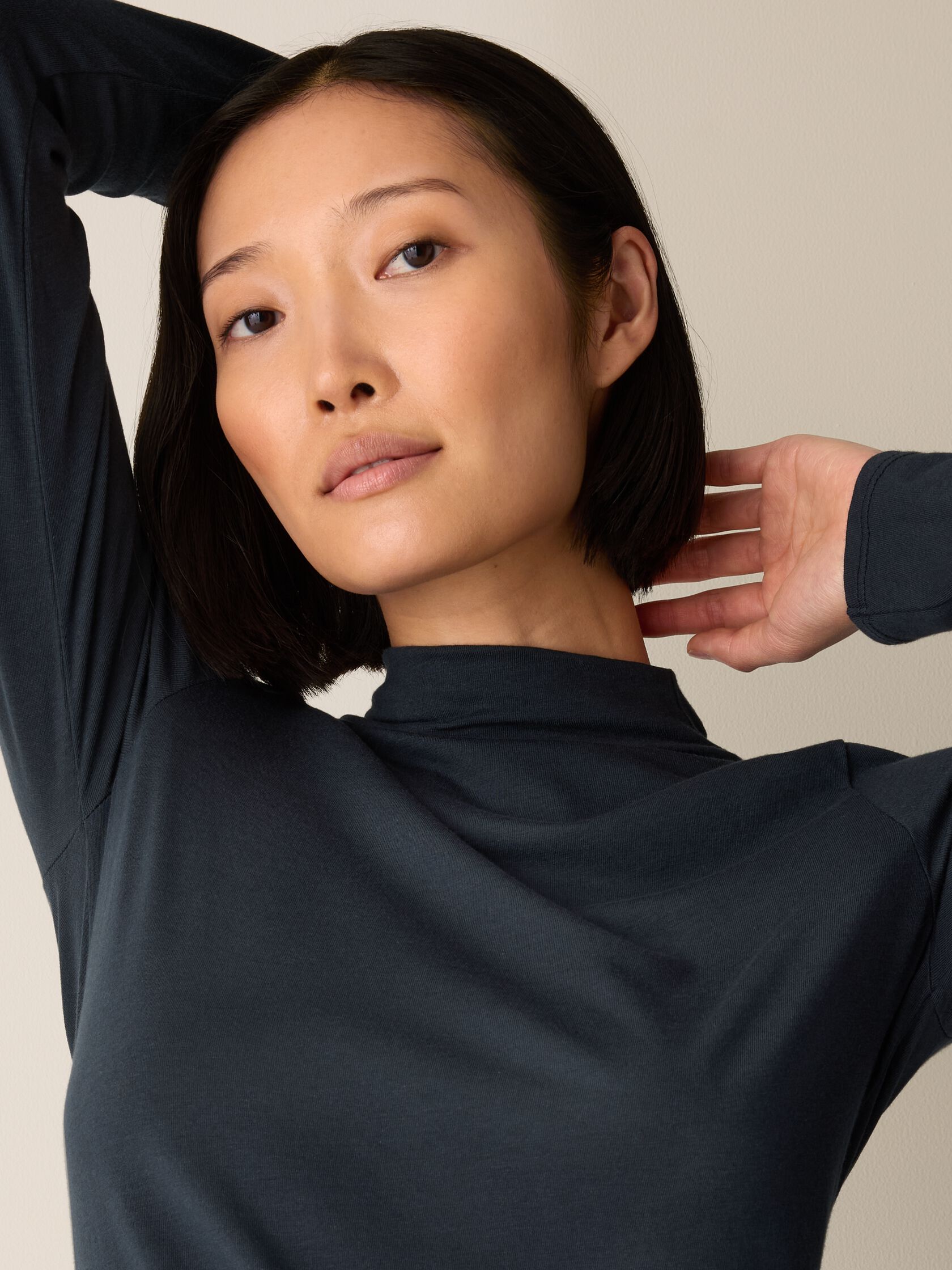 Sheer Cotton Blend Knit Funnel Neck Top