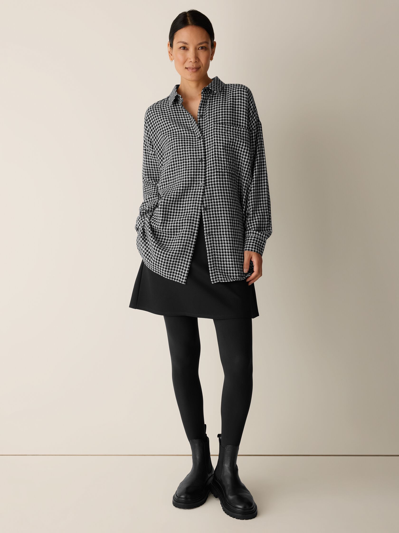 Wool Cotton Check Classic Collar Long Shirt
