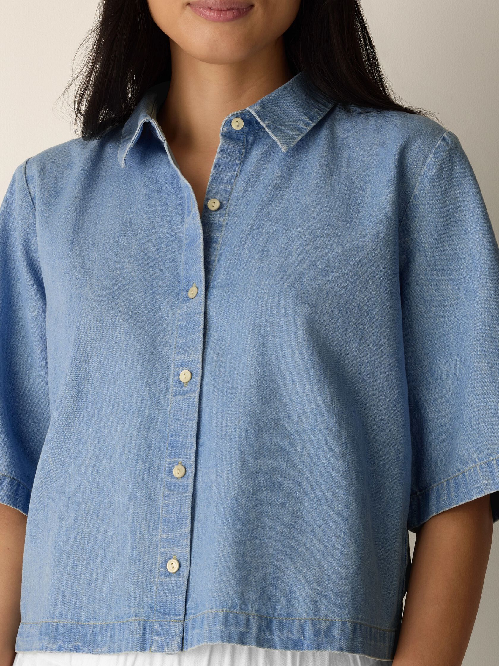 Lightweight Organic Cotton Denim Elbow-Sleeve Shirt