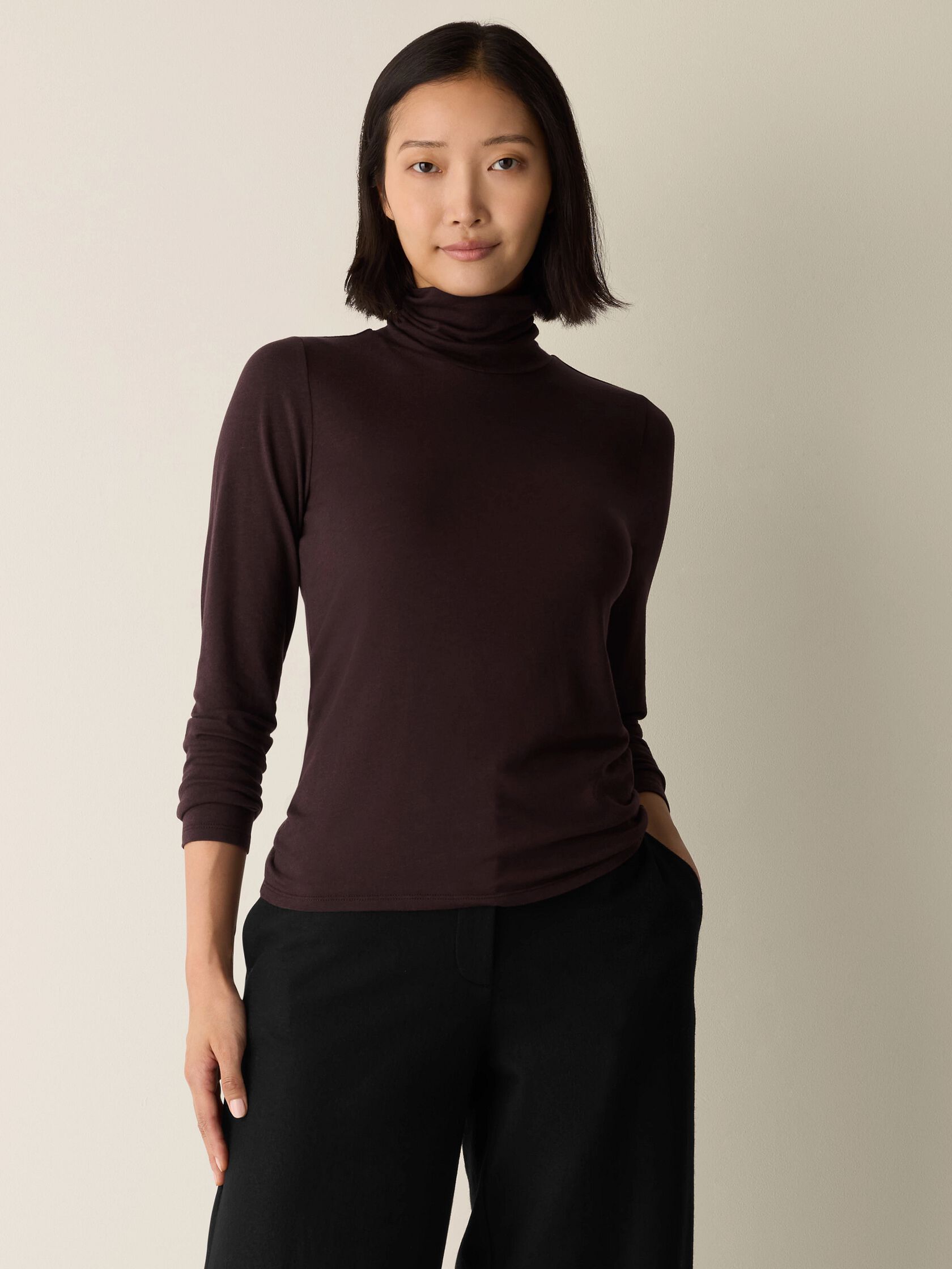 Sheer Cotton Blend Knit Turtleneck Top