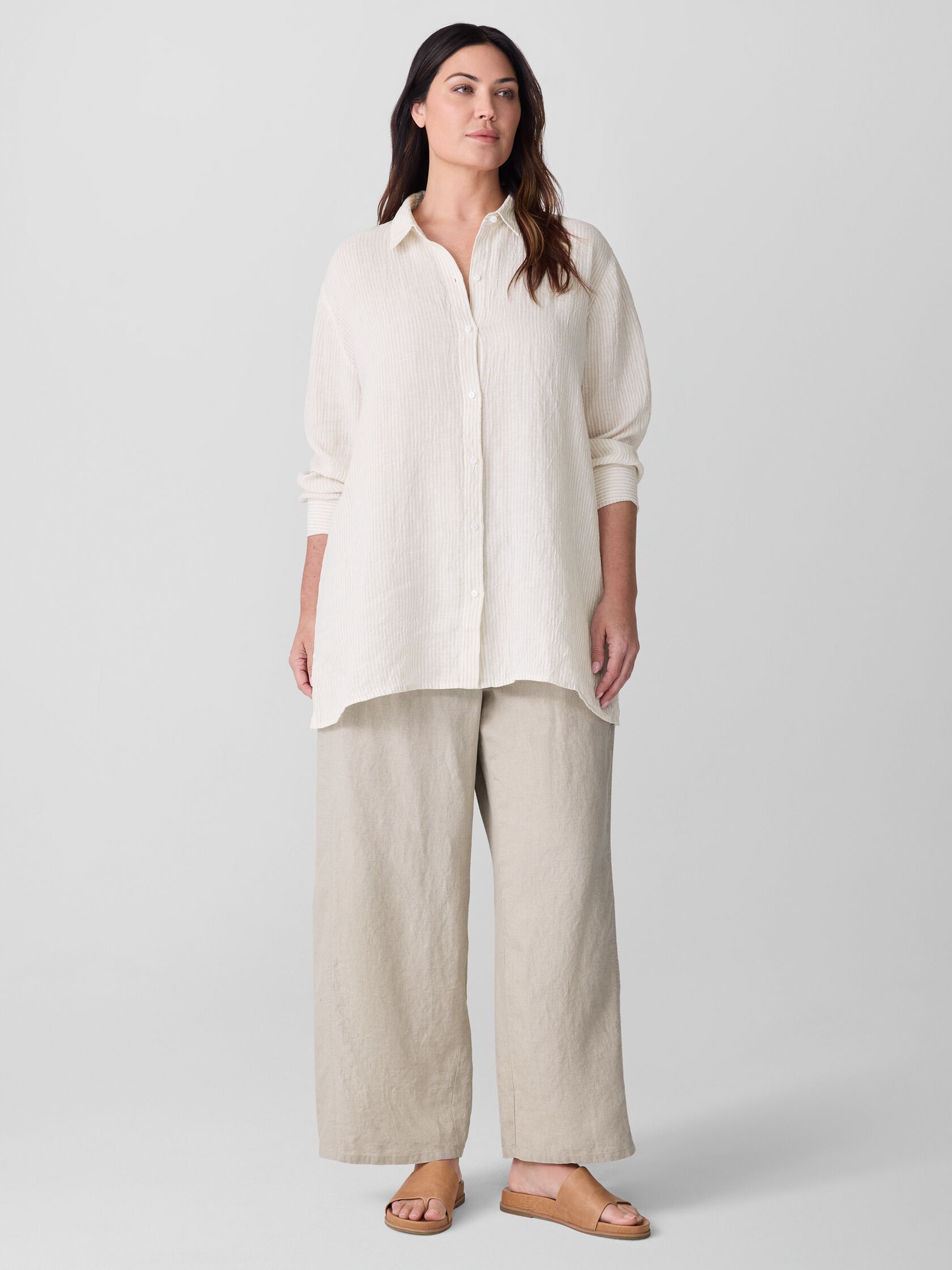 Puckered Organic Linen Stripe Classic Collar Shirt
