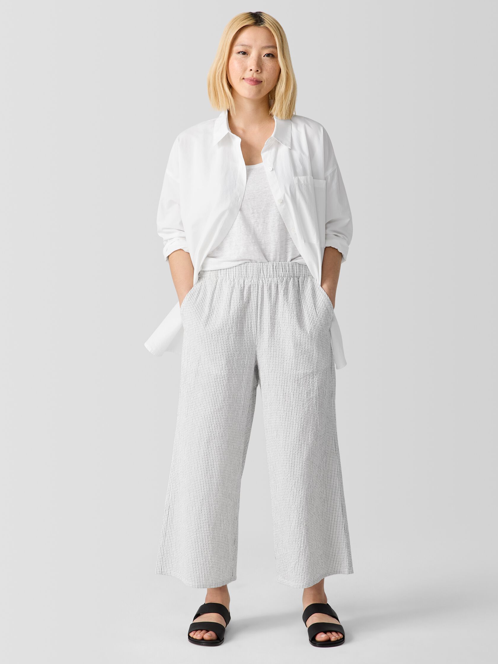 Organic Cotton Ripple Checkered Wide-Leg Pant