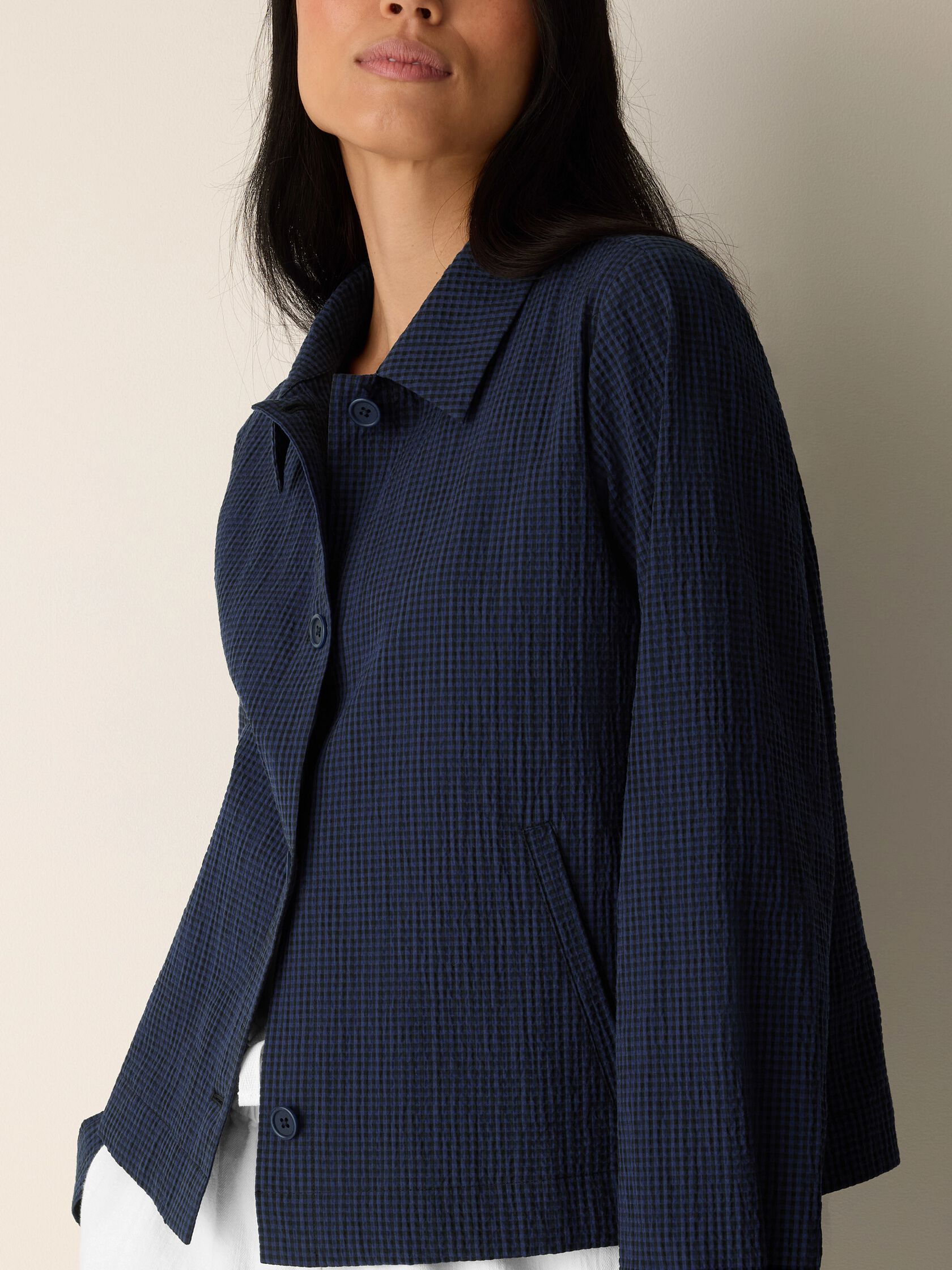 Organic Cotton Pucker Check Classic Collar Jacket