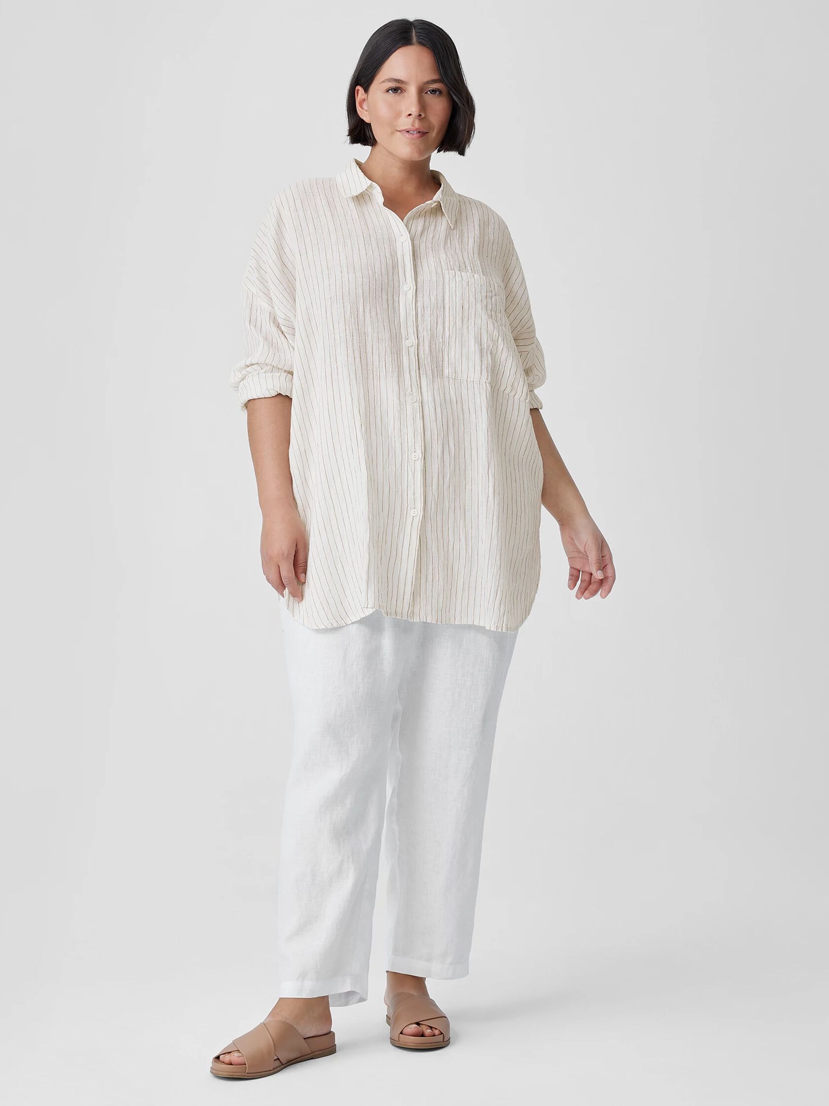 Puckered Organic Linen Classic Collar Long Shirt