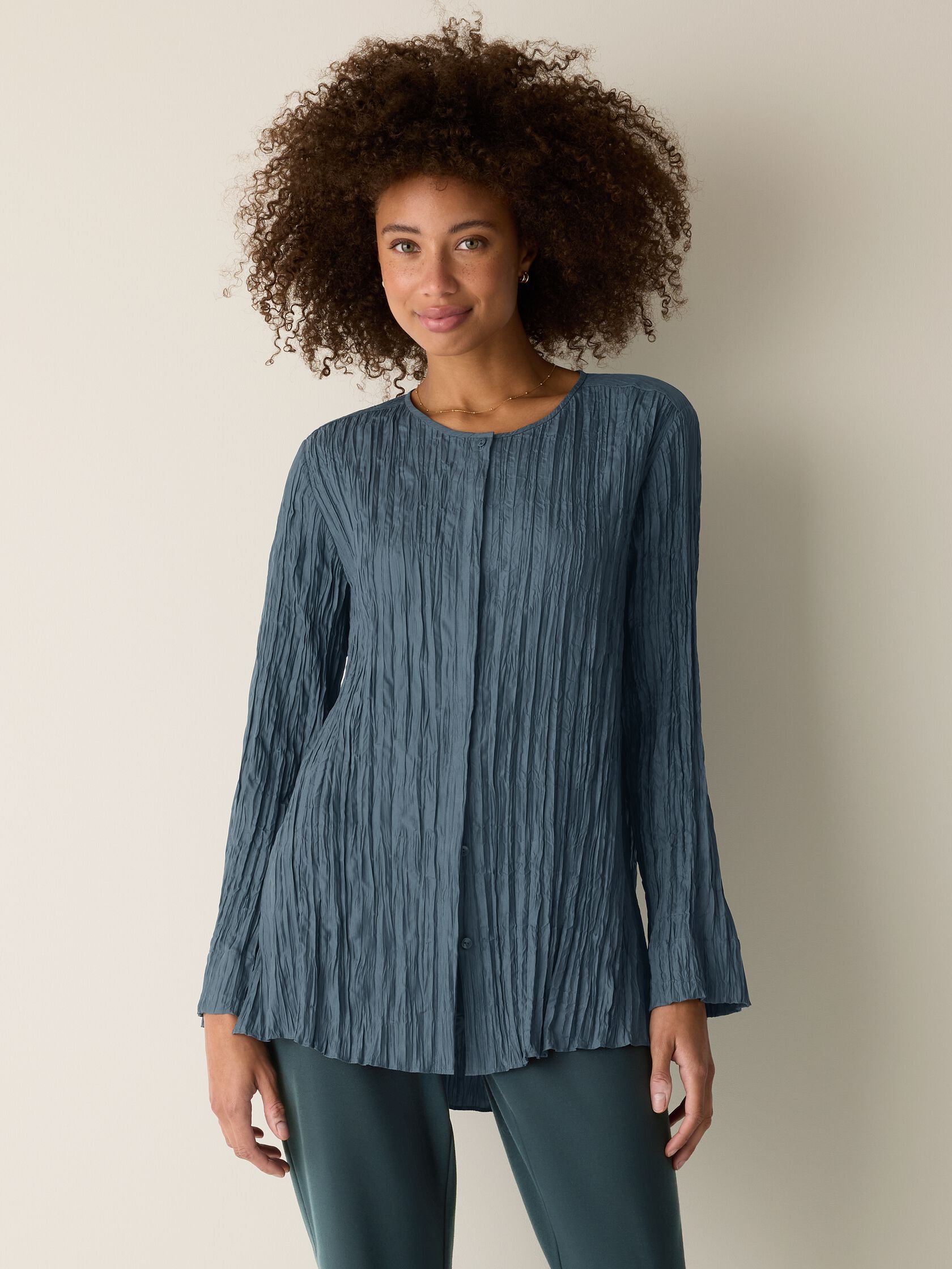 Crinkle Silk Habutai Round Neck Shirt