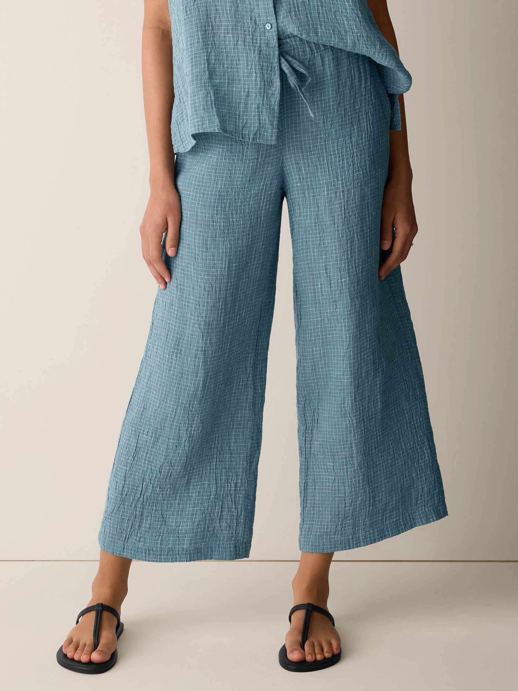 Puckered Organic Linen Grid Wide-Leg Pant