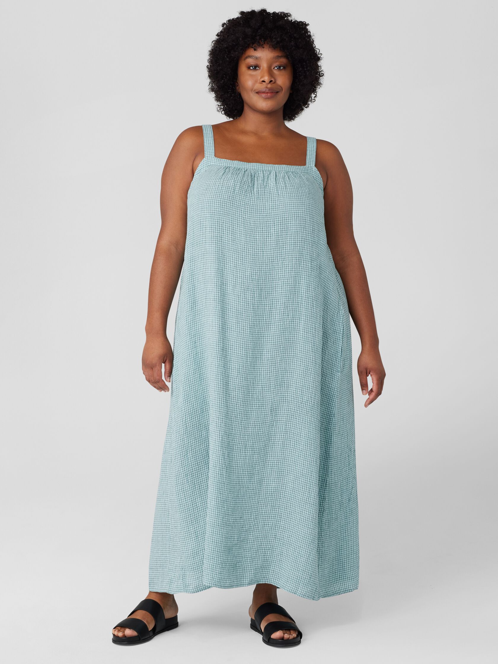 Puckered Organic Linen Square Neck Dress