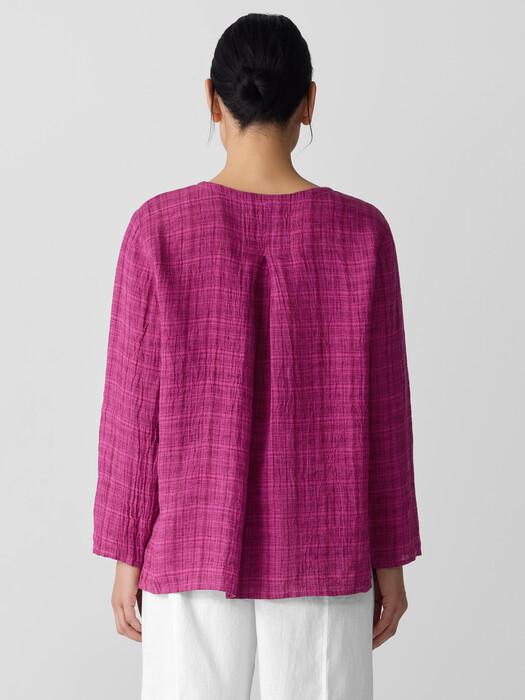 Puckered Organic Linen Plaid Keyhole Top