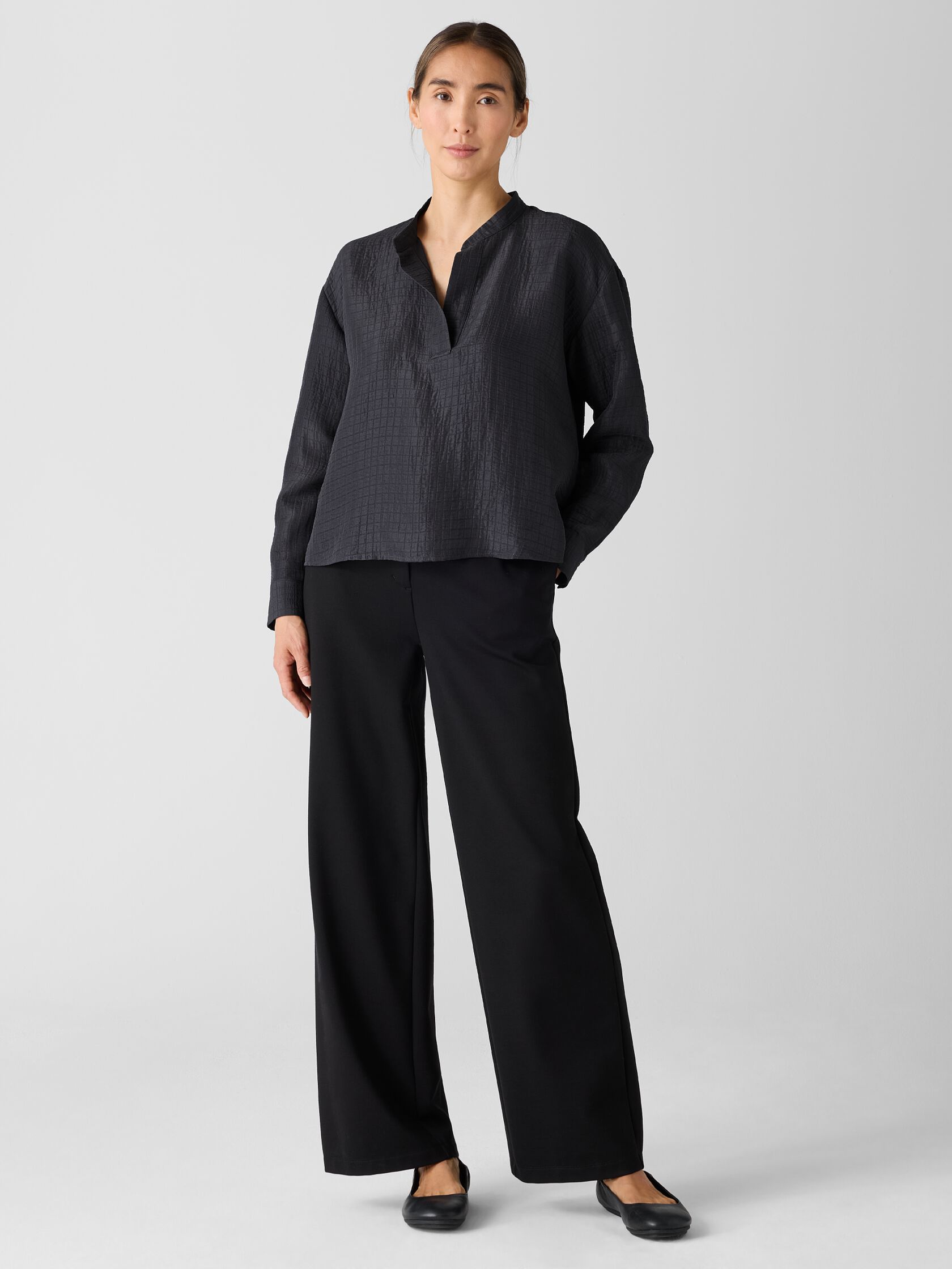 Silk Linen Box Band Collar Top