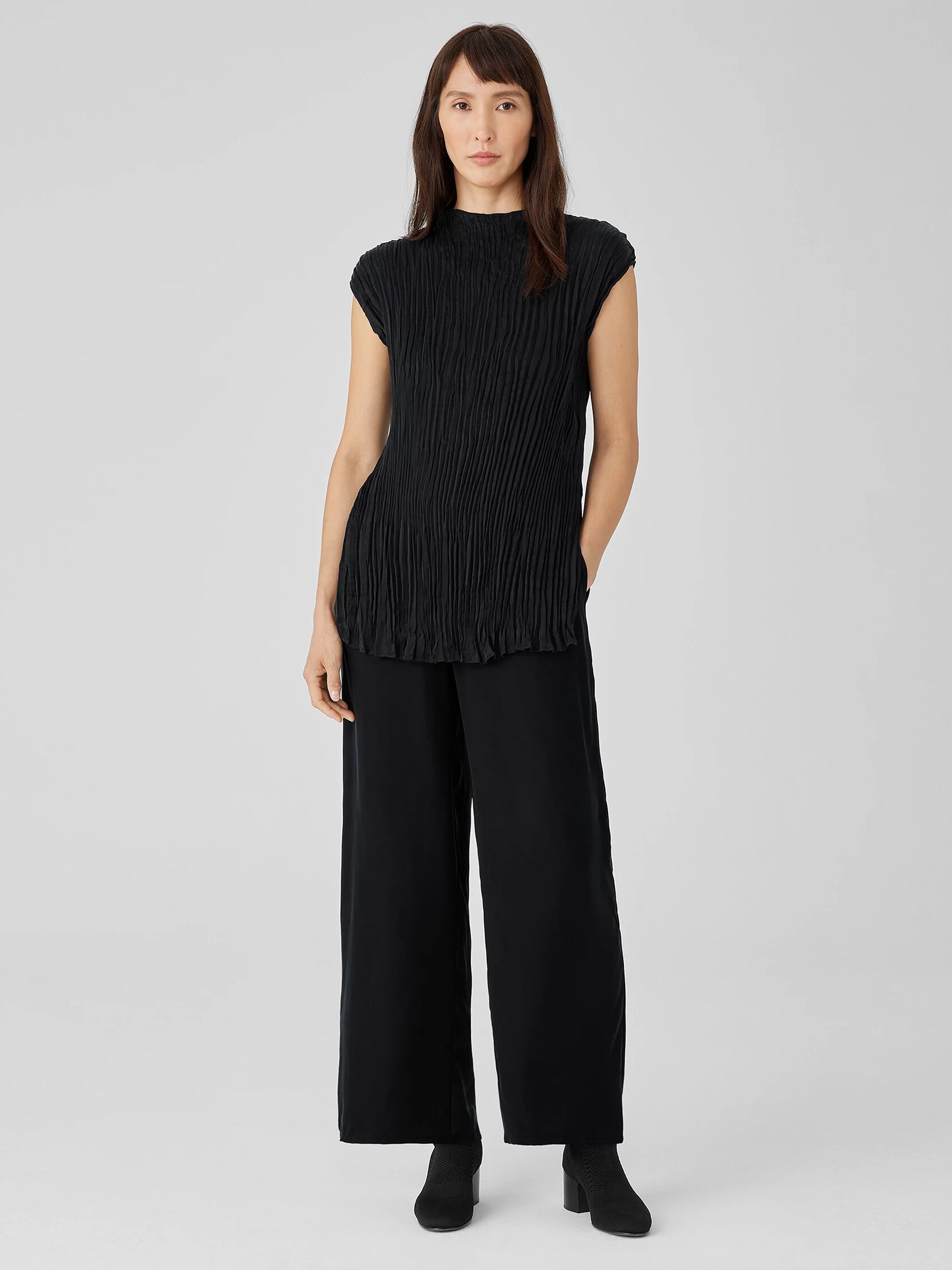 Crushed Cupro Funnel Neck Long Top