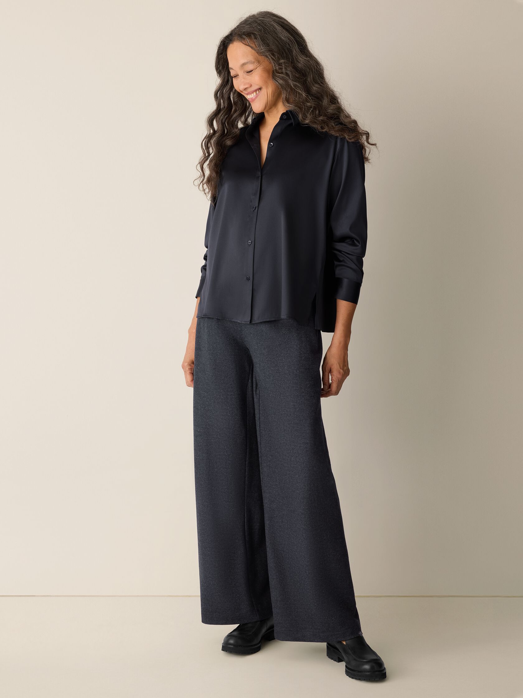 Stretch Silk Charmeuse Classic Collar Shirt