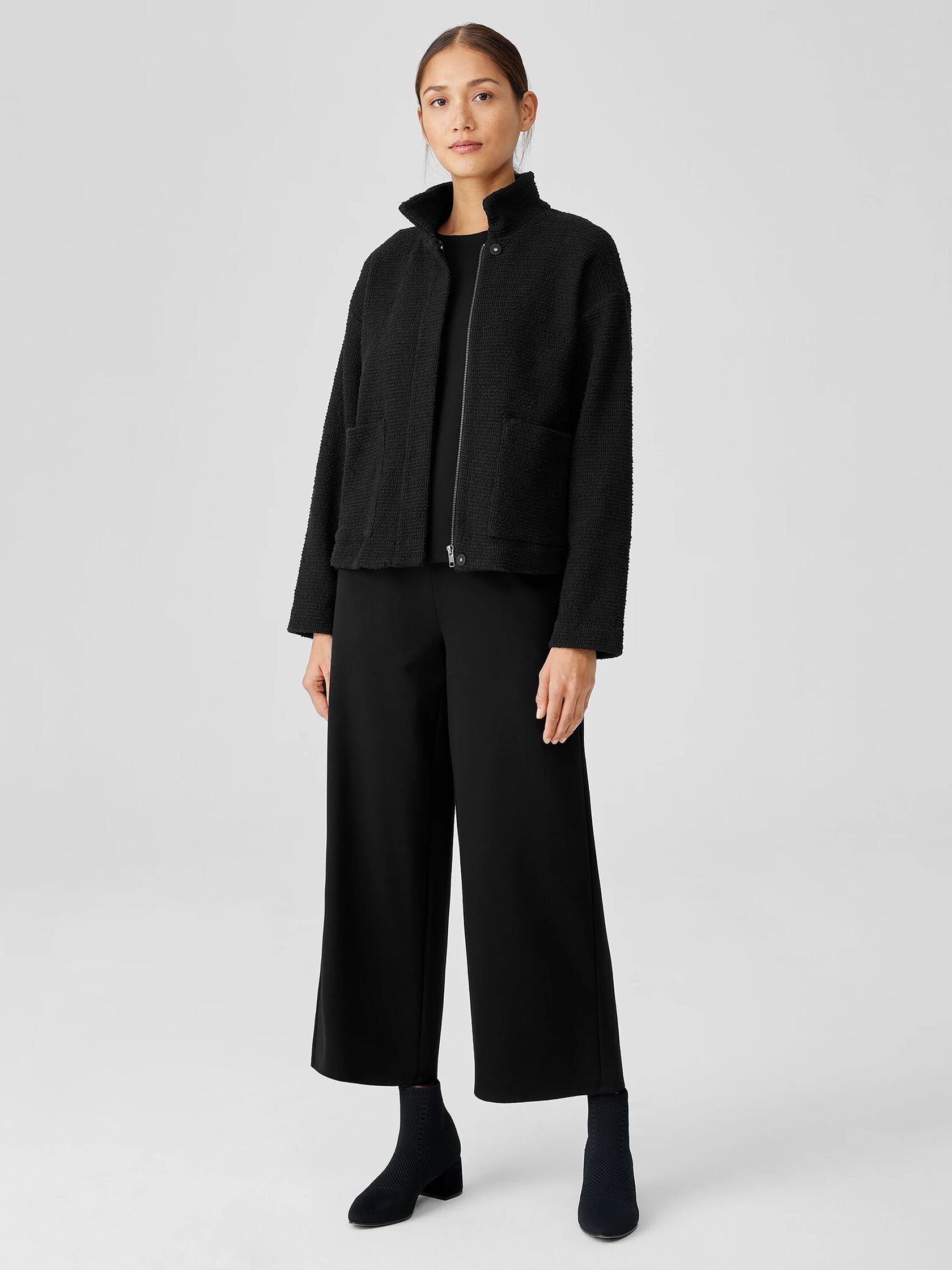 Cotton Boucle Knit Stand Collar Jacket